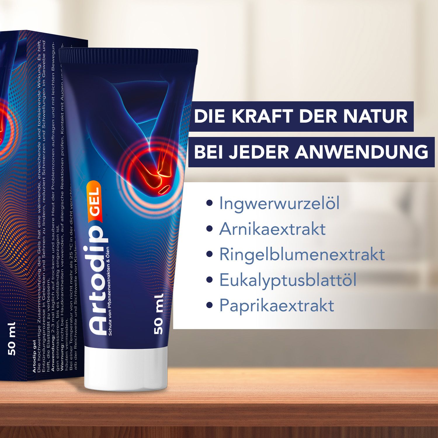 Blau-weiße Tube Artodip-Gel, 50 ml. Aufschrift: Ingwerwurzelöl, Arnikaextrakt, Ringelblumenextrakt, Eukalyptusblattöl, Paprikaextrakt. Text: Die Kraft der Natur.