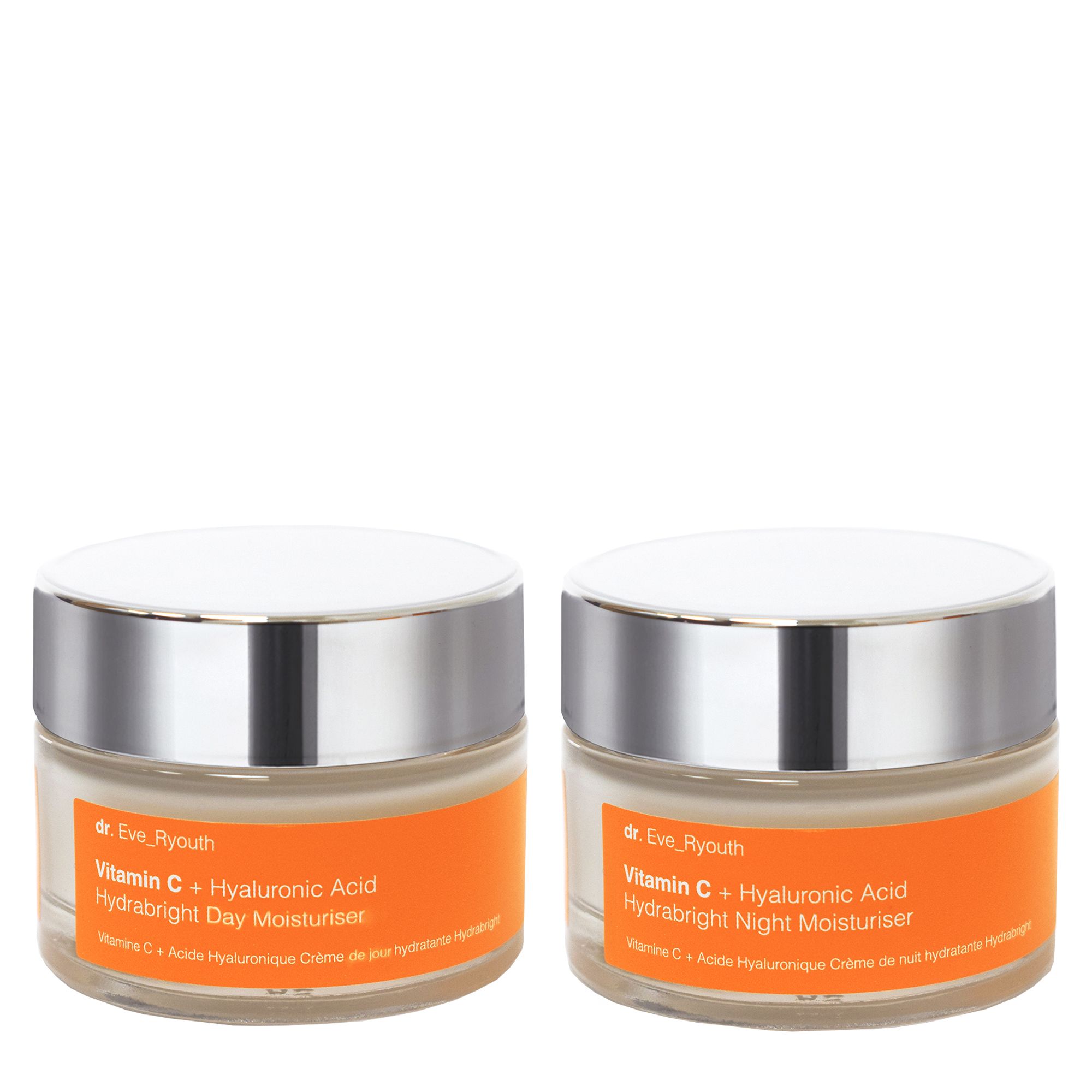 Zwei Dr. Eve-Ryouth Vitamin C + Hyaluronsäure Feuchtigkeitscremes in orangefarbenen Behältern.