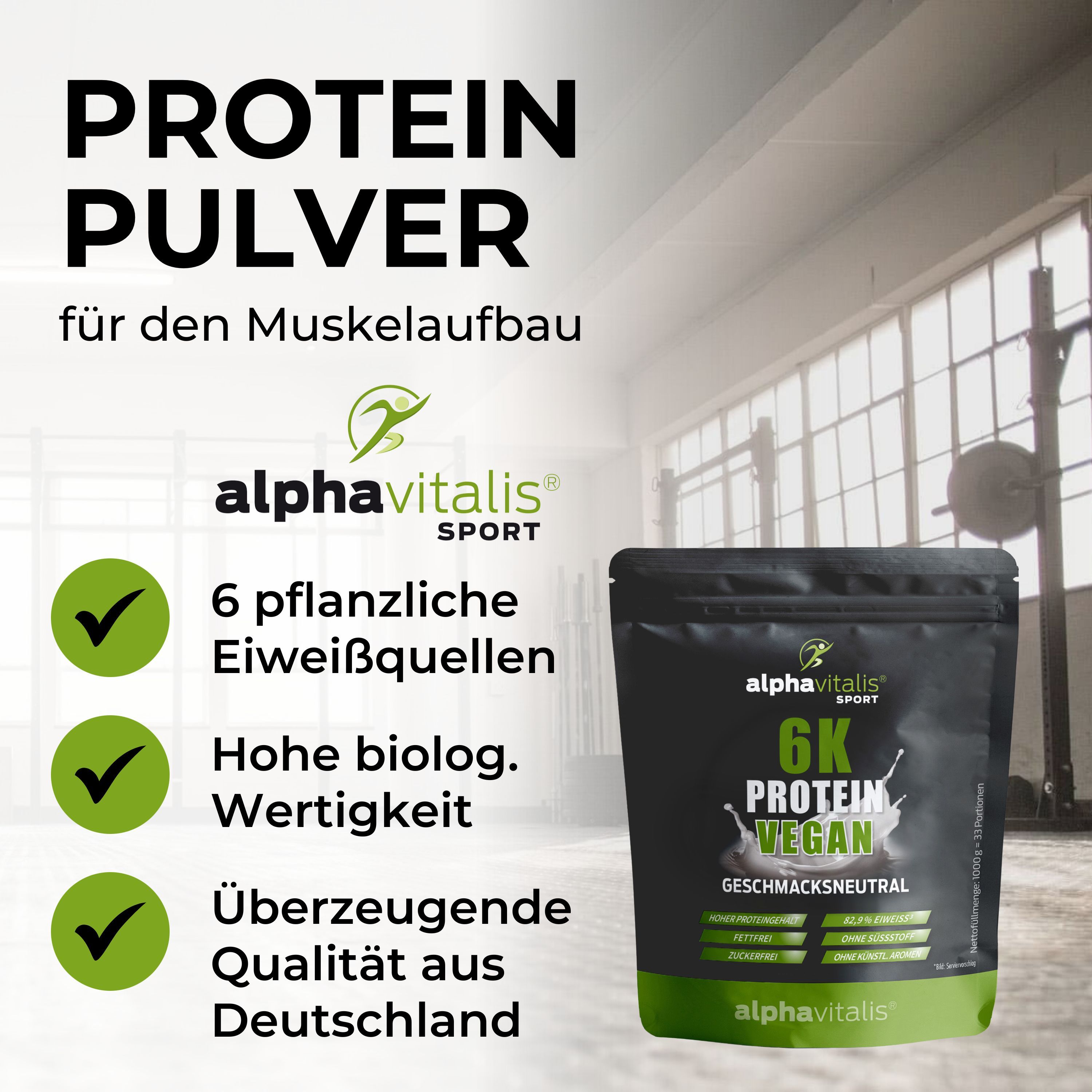 Schwarze Verpackung mit Alphavitalis Logo. Text: 6K Protein Vegan, geschmacksneutral. 6 pflanzliche Eiweißquellen. Hohe biologische Wertigkeit.