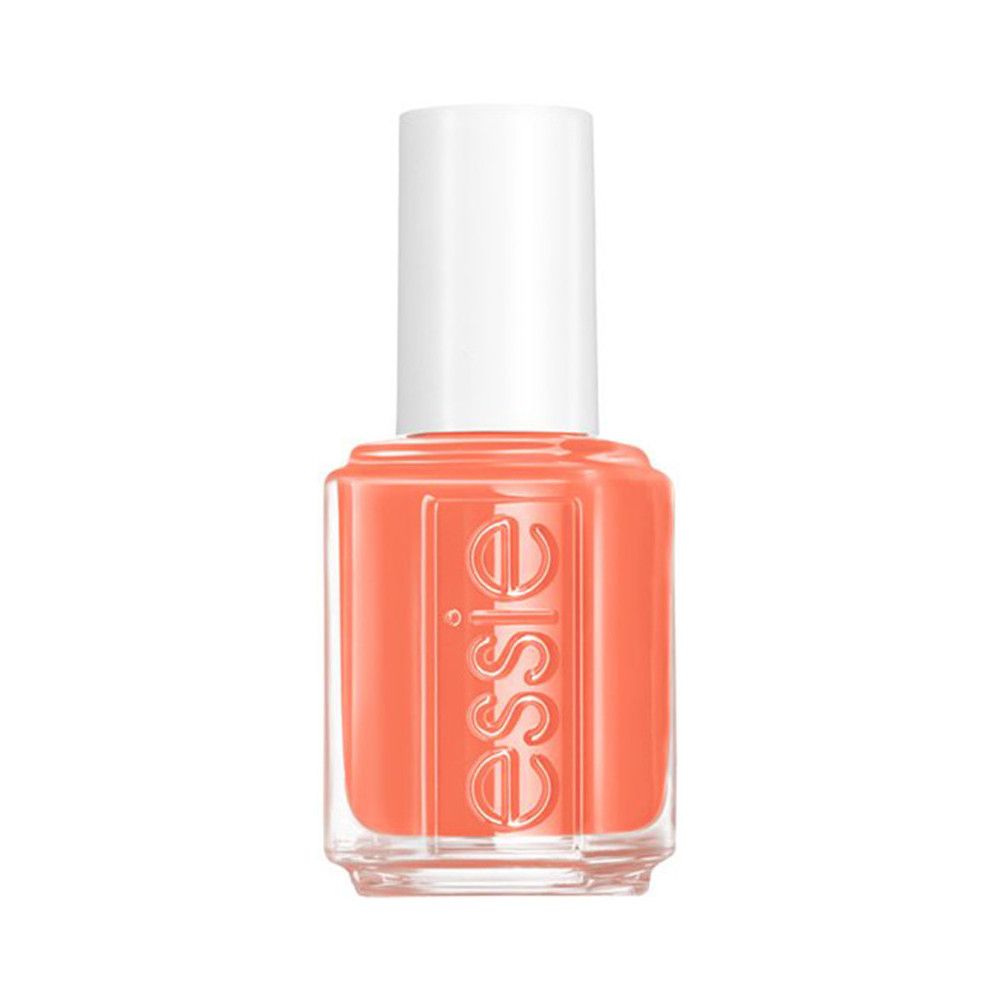 Essie-Nagellackflasche. Korallenfarbener Nagellack. Weißer Deckel. Klarer Flaschenkörper.