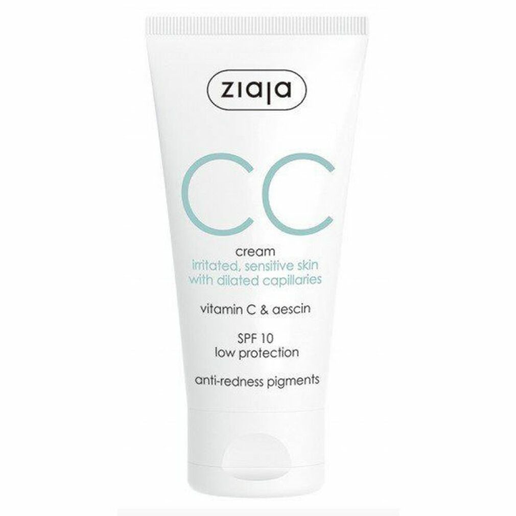 Weiße Tube mit grünem Aufdruck. Text: Ziaja, CC cream, irritated, sensitive skin, vitamin C & aescin, SPF 10, anti-redness pigments.