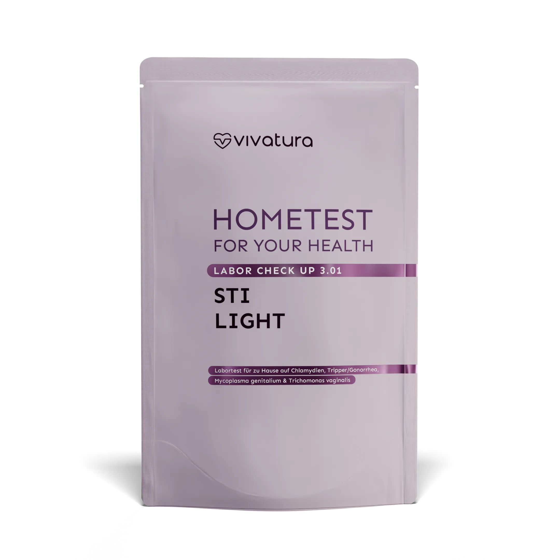 Beutel mit vivatura® STI Light TEST-KIT. Aufschrift: Hometest für Ihre Gesundheit, Labor Check Up 3.01, STI Light.