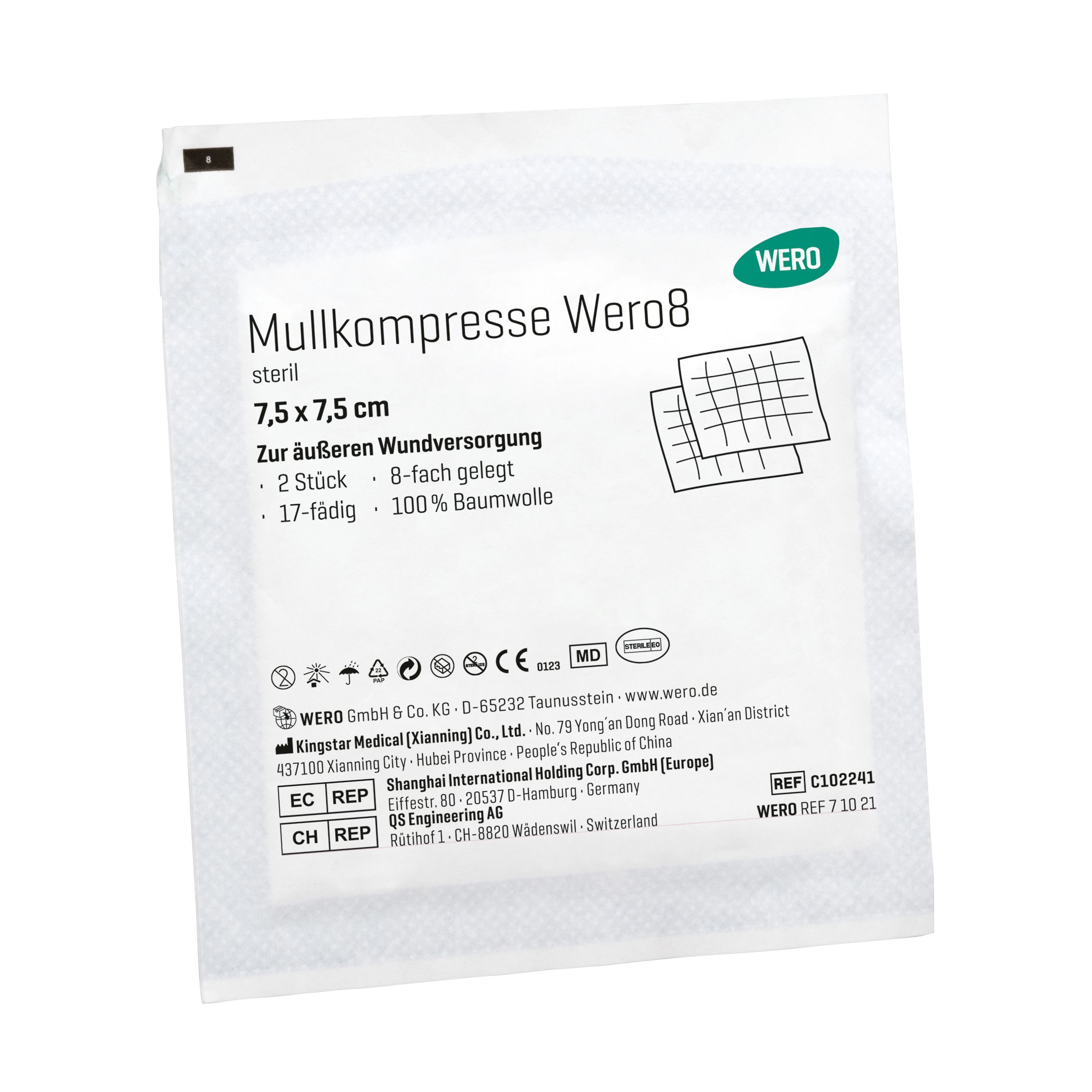 Verpackung mit Mullkompressen. Aufschrift: Mullkompresse Wero8, 7,5 x 7,5 cm, steril. 2 Stück, 100% Baumwolle.