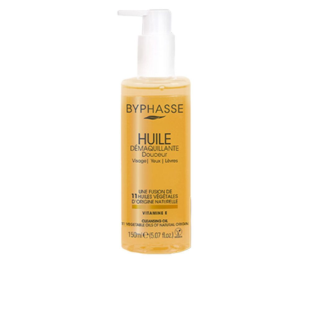 Flasche mit Pumpe. Aufschrift: BYPHASSE, HUILE DÉMAQUILLANTE Douceur. Enthält 11 pflanzliche Öle. Mit Vitamin E. 150ml.