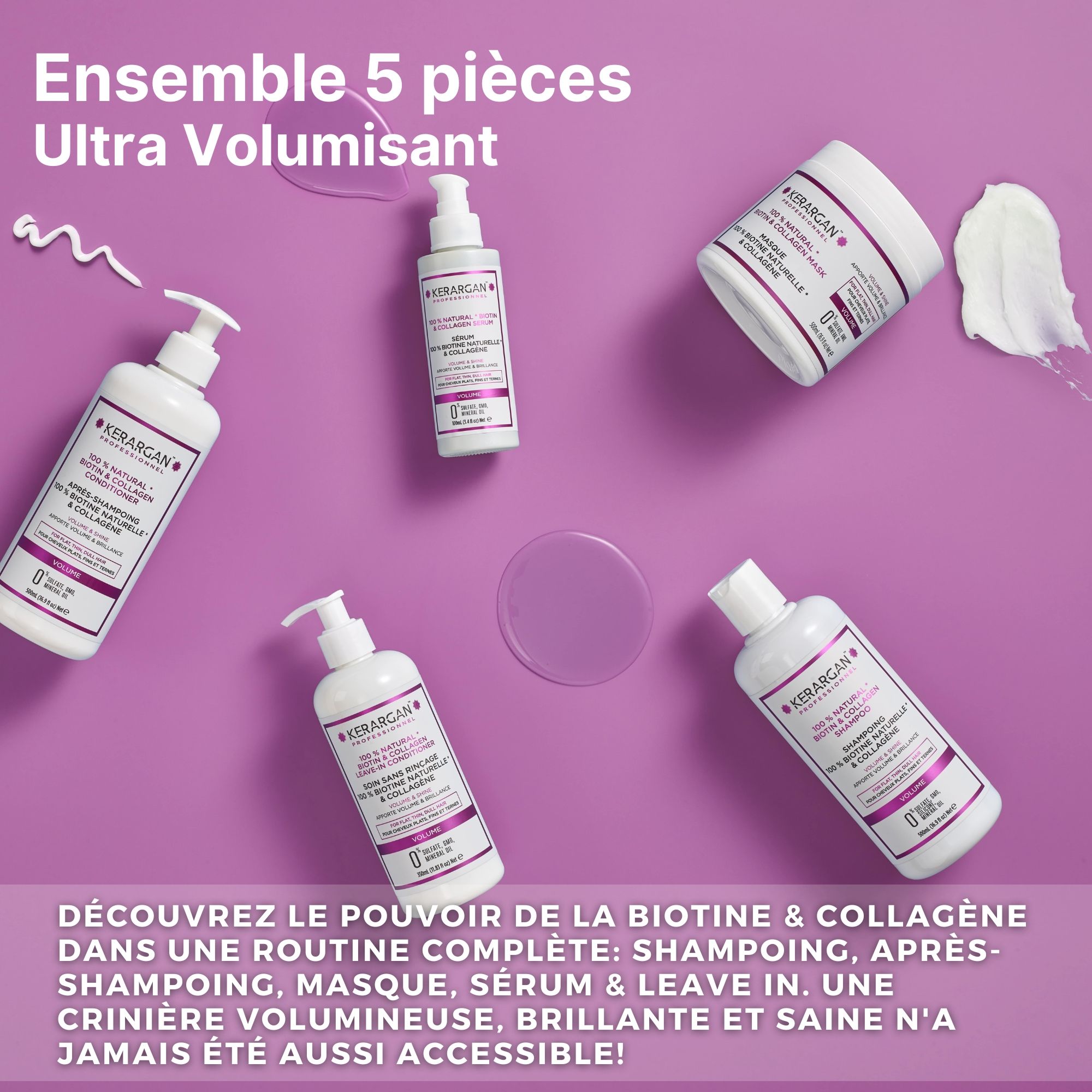 Ensemble capillaire Kerargan en cinq pièces. Bouteilles et pots sur fond violet. Texte : Biotine & Collagène.