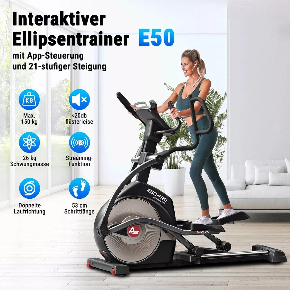 Frau trainiert auf AsVIVA Crosstrainer E50 mit App-Steuerung. Max. 150 kg, 26 kg Schwungmasse, 53 cm Schrittlänge.