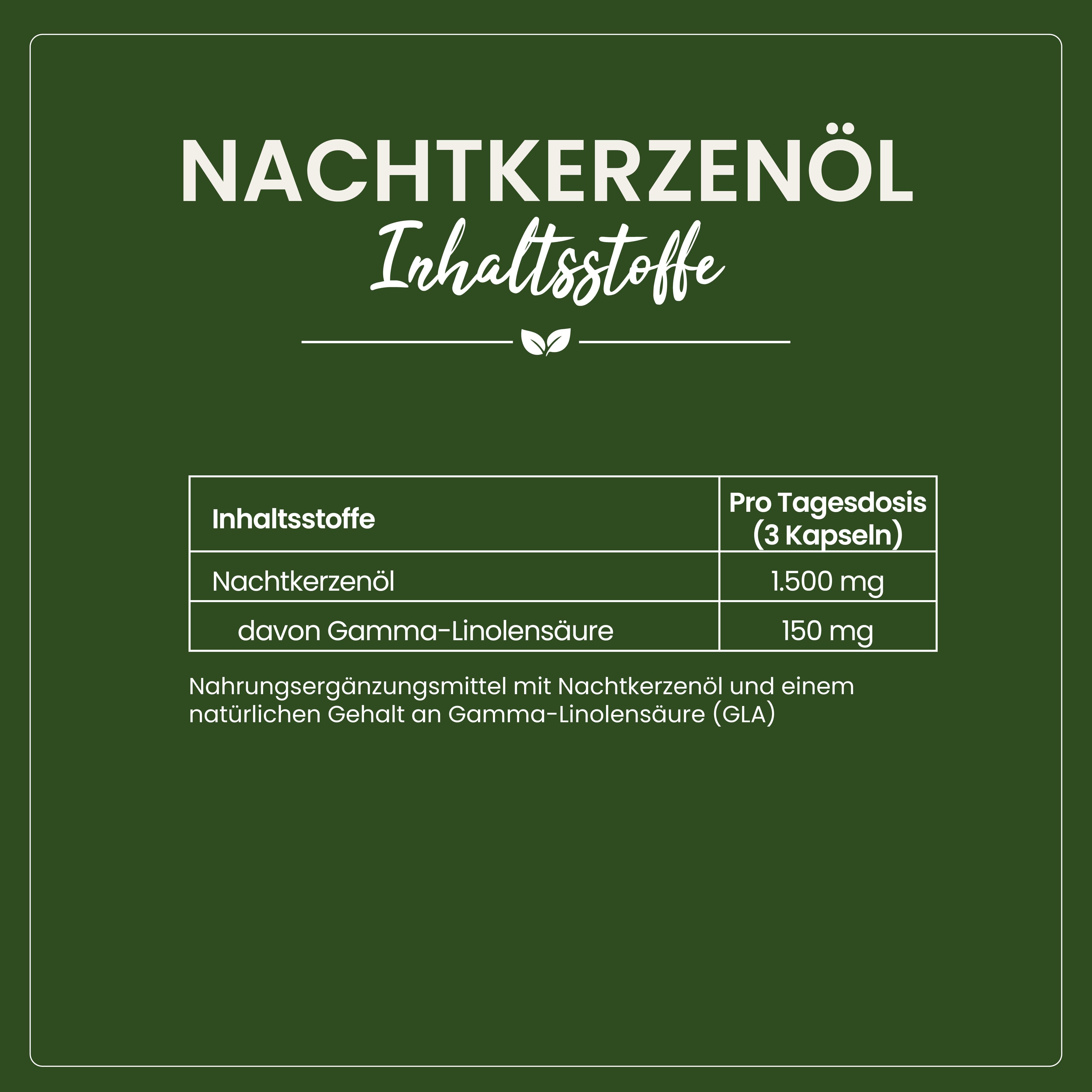 Tabelle mit Inhaltsstoffen: Nachtkerzenöl 1.500 mg, Gamma-Linolensäure 150 mg.
