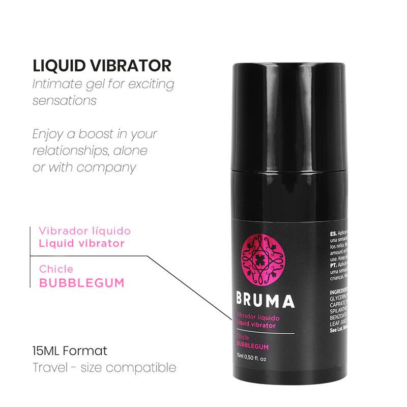 Schwarze Flasche mit pinkem Etikett, Bruma Liquid Vibrator, 15ml.