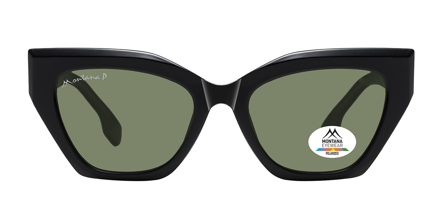 Schwarze Sonnenbrille mit grünen Gläsern. Katzenaugenform. Montana Eyewear Logo auf dem linken Bügel und Glas. Polarisierte Gläser.