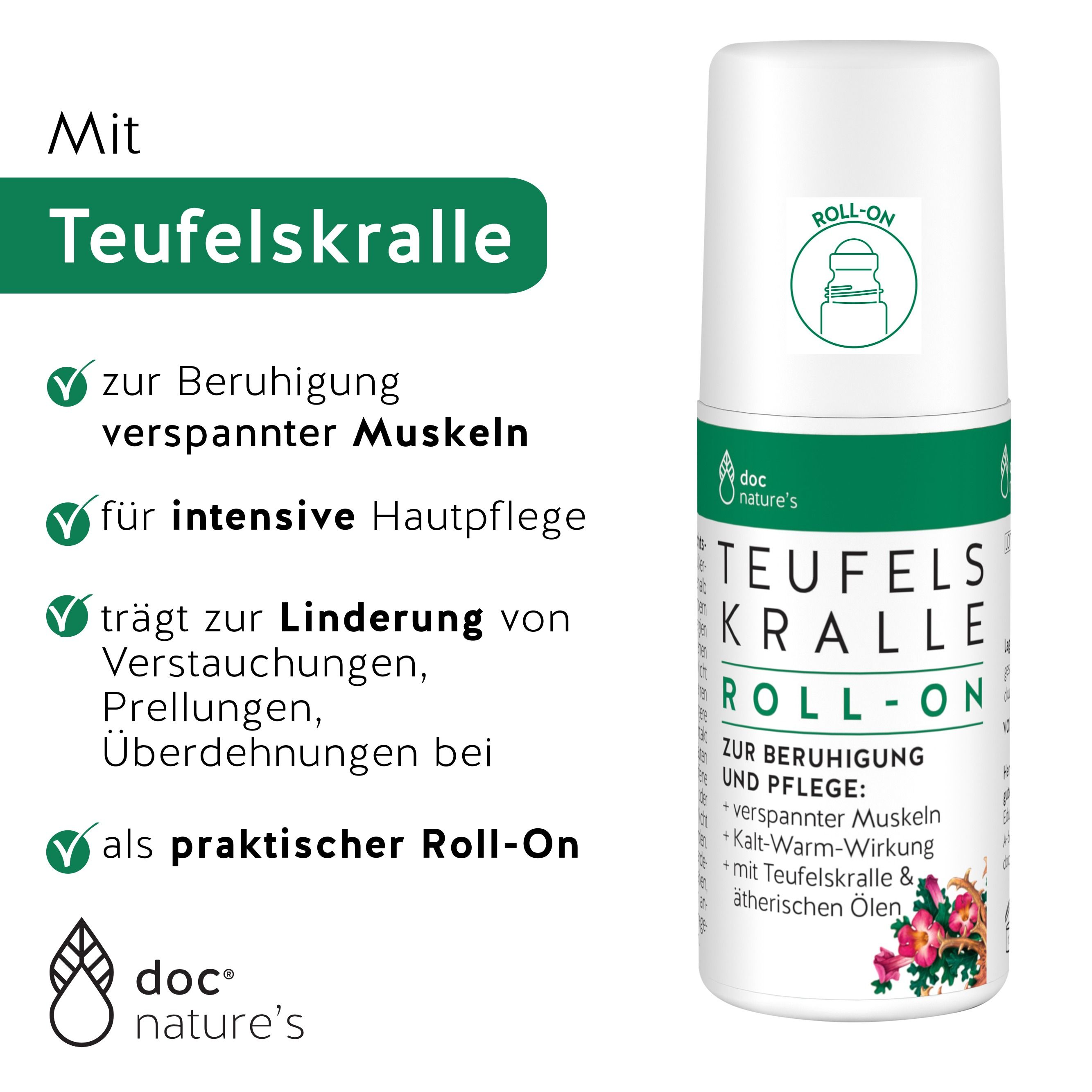 Roll-On-Flasche. Aufschrift: Teufelskralle Roll-On. Text: zur Beruhigung und Pflege, für intensive Hautpflege, als praktischer Roll-On.