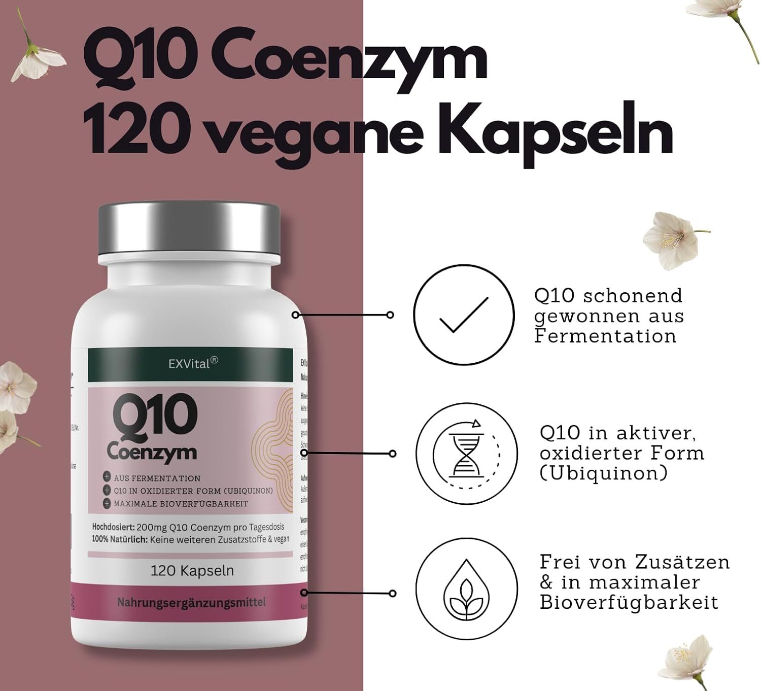 EXVital® Q10 Coenzym Kapseln, hochdosiert 200mg pro Tag, vegan & tierversuchsfrei