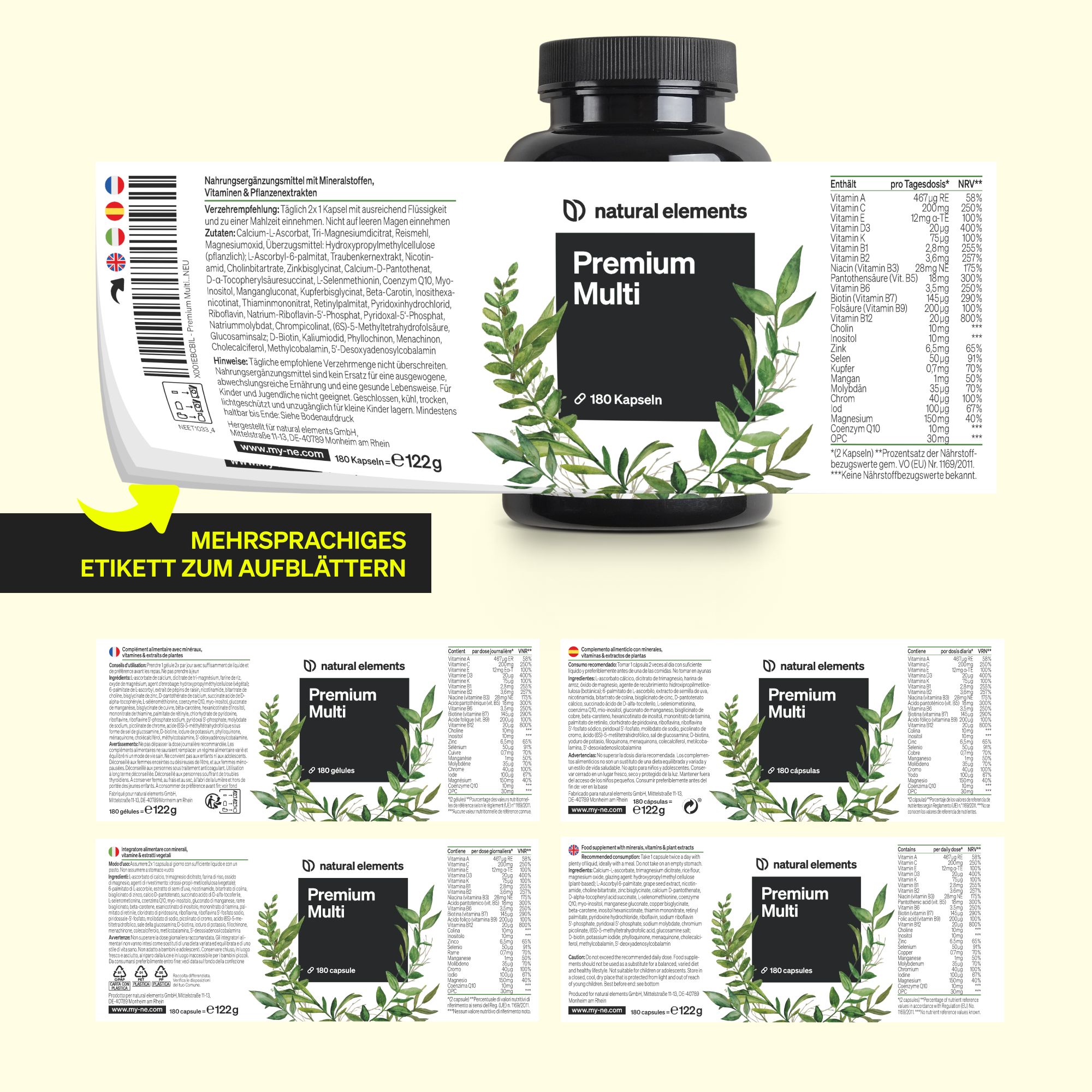 natural elements Premium Multivitamin – 180 Kapseln – Vitamine A-Z Premium-Rohstoffe Bioaktiv-Formen