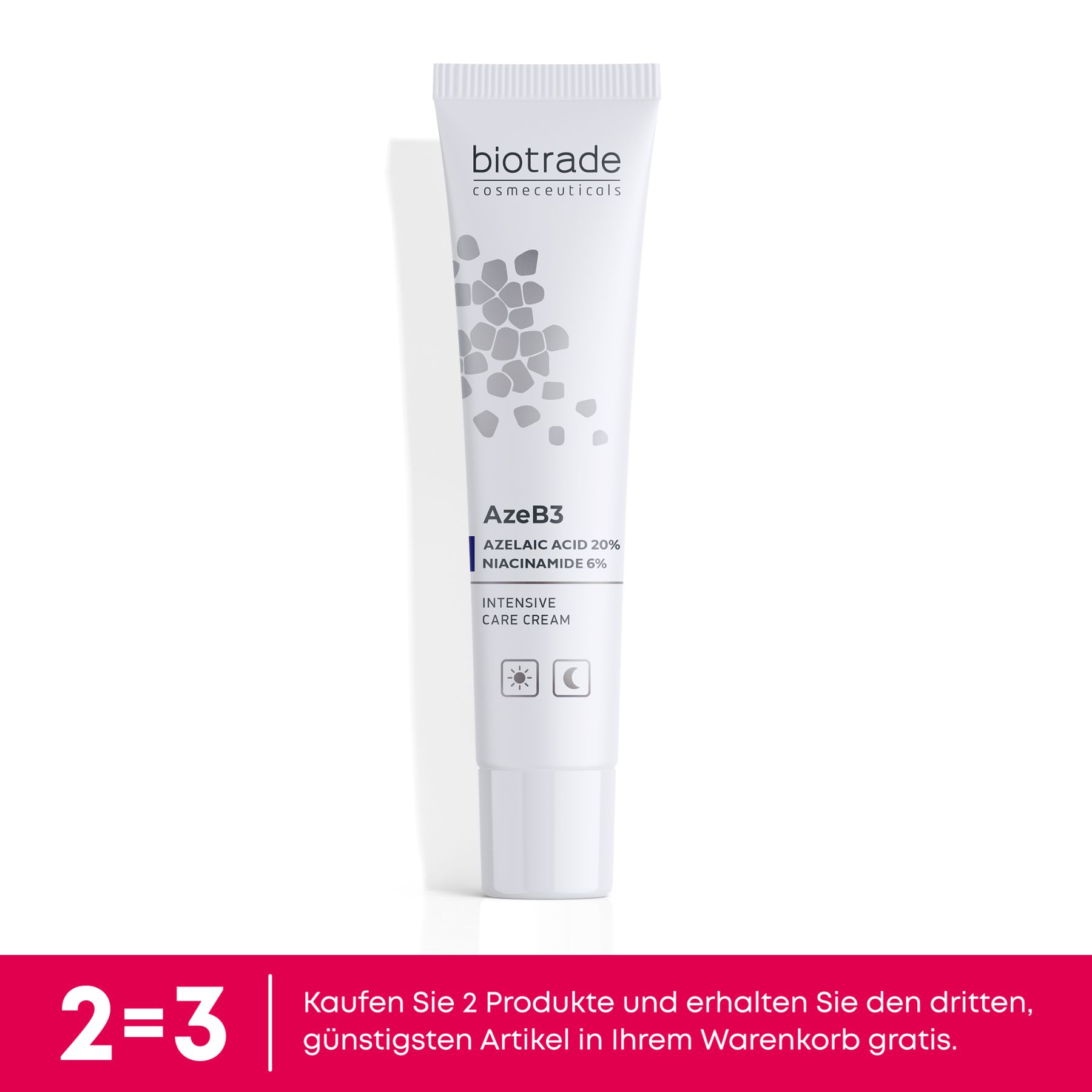 Weiße Tube mit Produktinformationen. Text: AzeB3 Intensivpflegecreme. Enthält Azelainsäure und Niacinamid. Aufschrift: Biotrade.