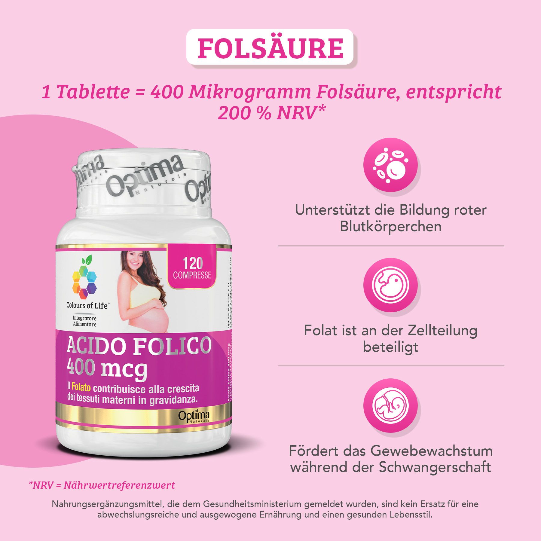 Weißes Tablettenfläschchen mit lila Etikett. Text: Acido Folico 400 mcg, 120 Tabletten. Farben: Grün, Gelb, Pink. Optima-Logo.