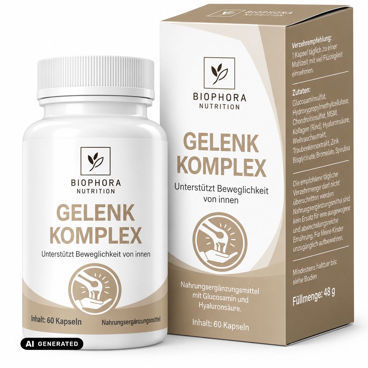 BIOPHORA NUTRITION GELENK KOMPLEX Kapseldose und Karton. Enthält 60 Kapseln.