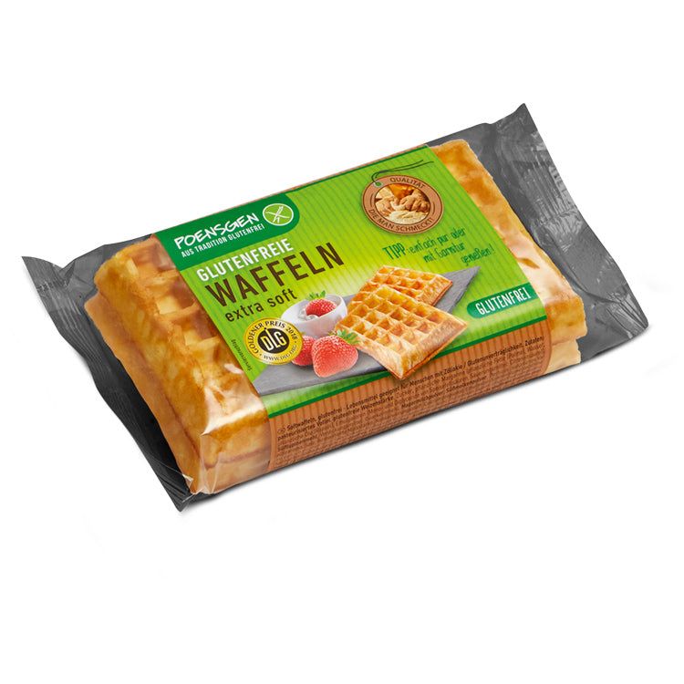 Verpackung mit glutenfreien Waffeln. Aufschrift: Poensgen, glutenfreie Waffeln, extra soft. OLG-Siegel. Waffeln in Folie verpackt.