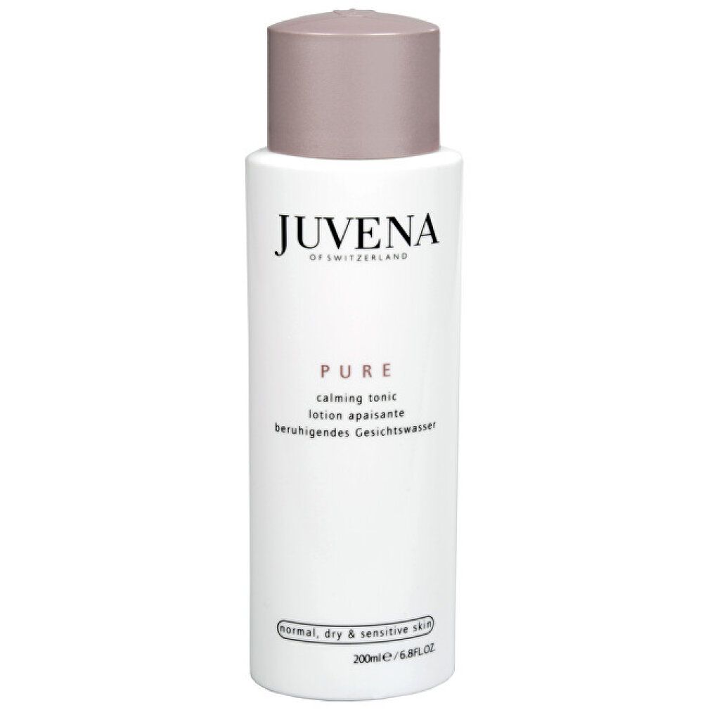 Weißes Fläschchen mit rosafarbenem Deckel. Aufschrift: Juvena. Text: Pure Cleansing, Calming Tonic.