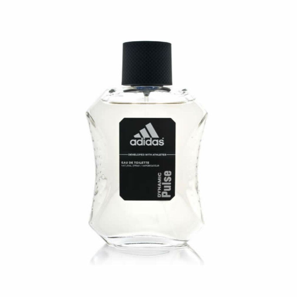 Adidas Dynamic Pulse Eau de Toilette. Klarer Flakon mit schwarzem Verschluss. Schwarzes Etikett mit Logo und Produktnamen.