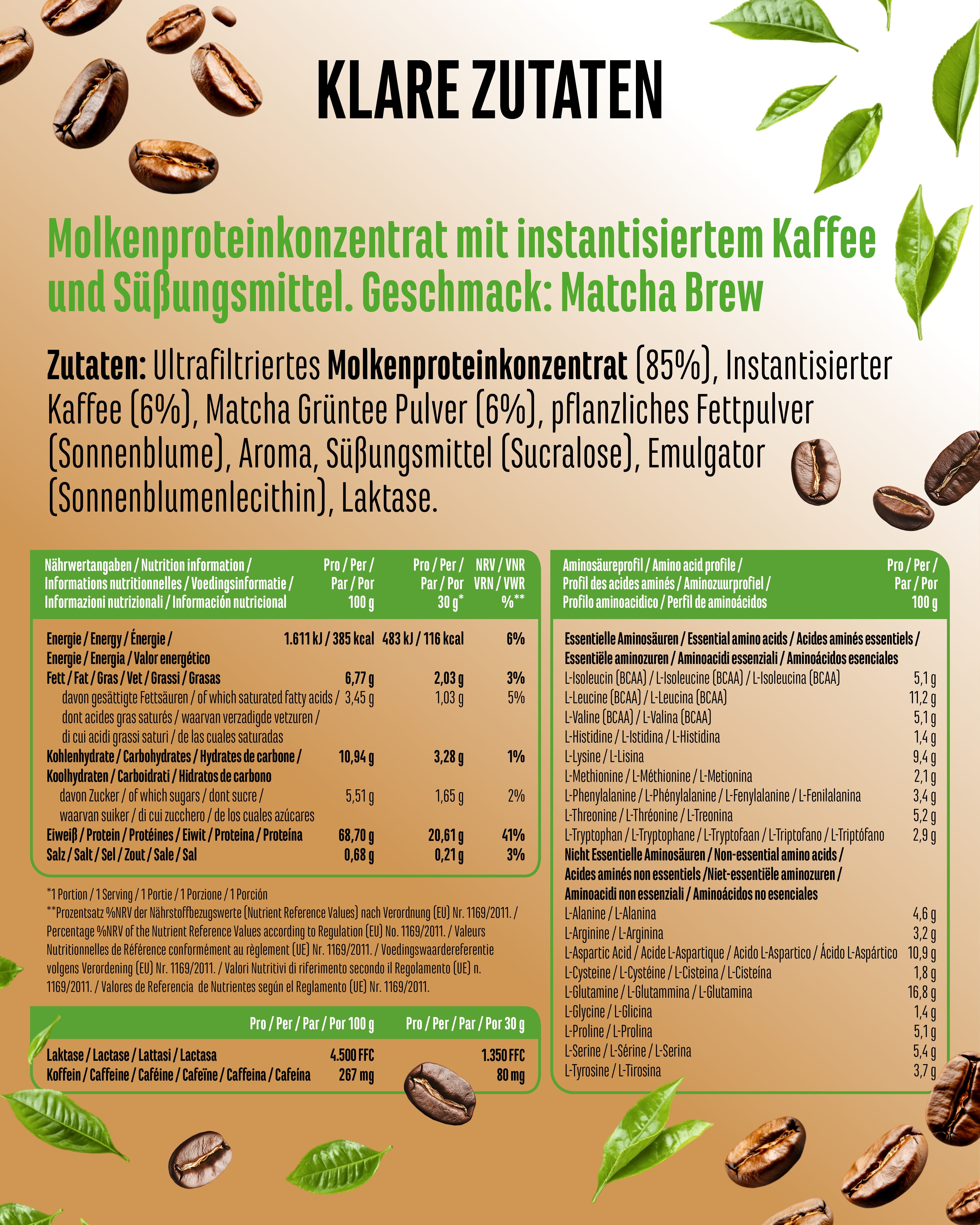 Nährwertinformationen und Aminosäureprofil für "vit4ever Barista Protein Coffee Matcha Brew". Enthält Zutatenliste und Nährwerte.