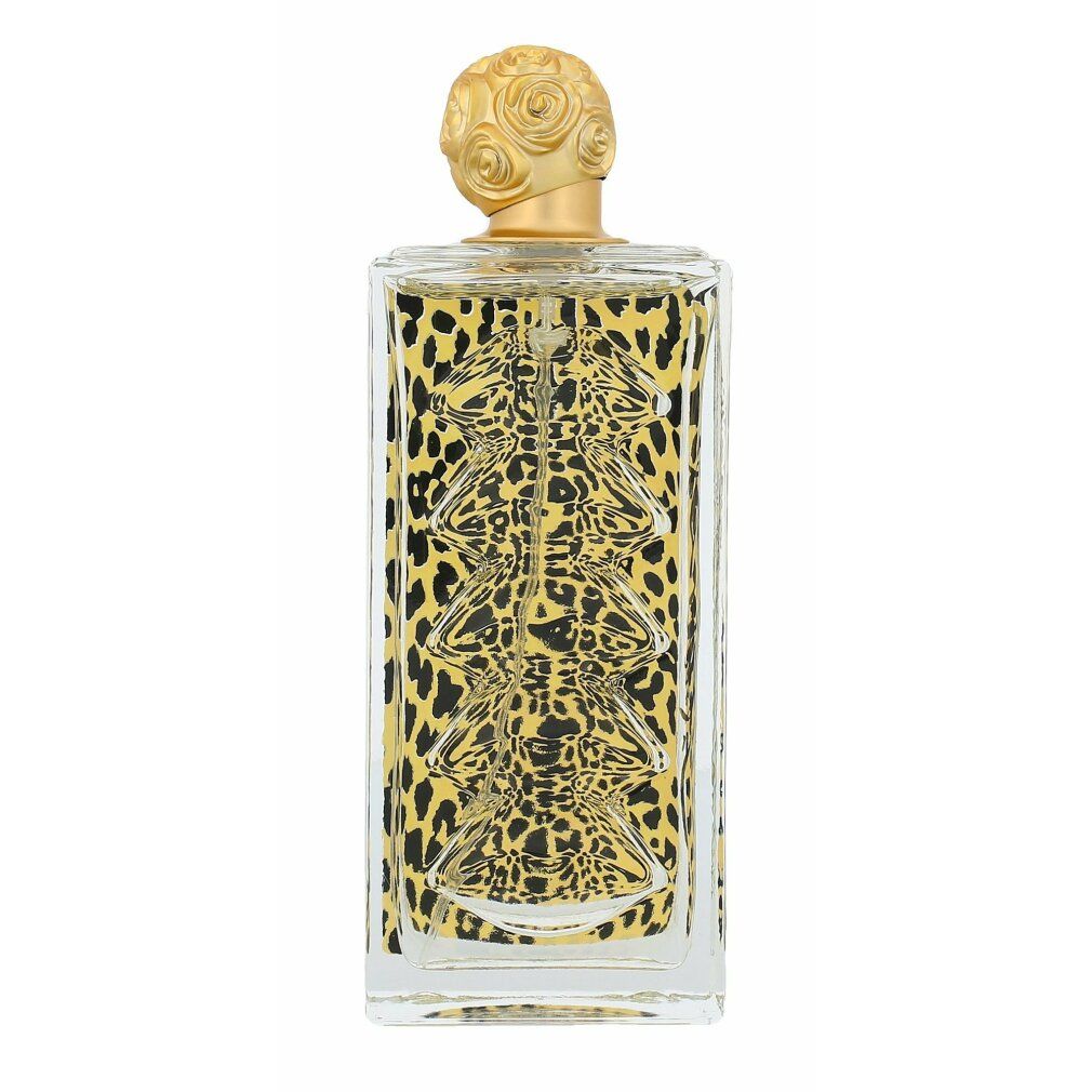 Eau de Toilette Spray mit Leopardenmuster. Goldfarbener Verschluss. Rechteckige Flasche.