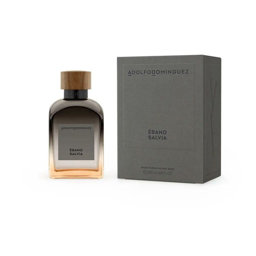 Parfümflasche und Schachtel. Aufschrift: ADOLFODOMINGUEZ, ÉBANO SALVIA. Schachtel mit Produktinformationen.