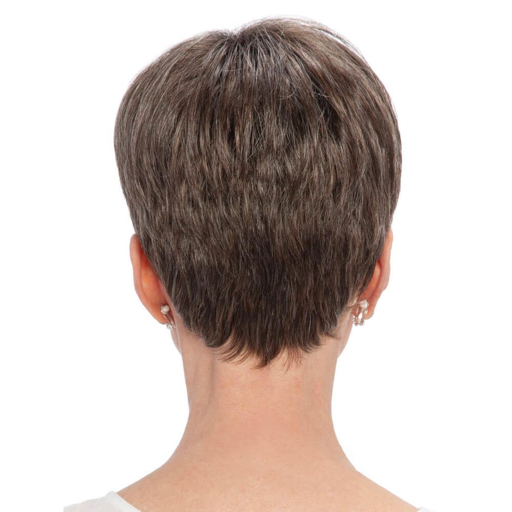 Rückansicht einer Kurzhaarperücke mit grauen Strähnen. Die Frisur bedeckt den Hinterkopf.