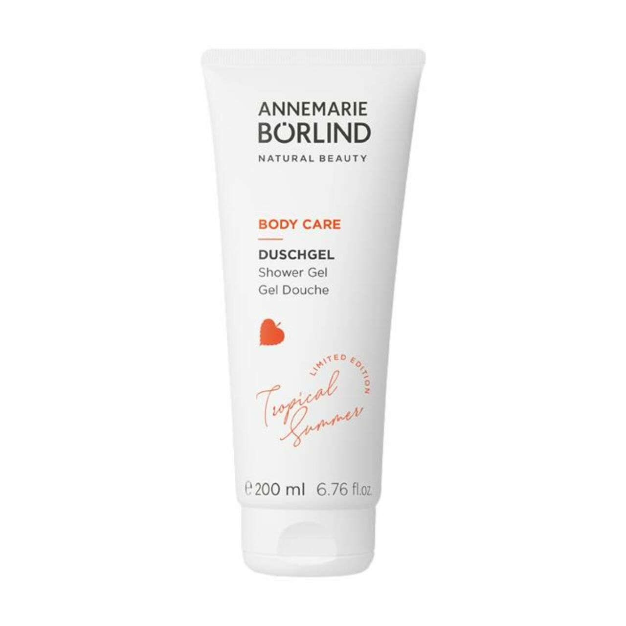 Weiße Tube mit Produktnamen und Logo. Orangefarbene Schriftzüge: Body Care, Duschgel, Tropical Summer. 200 ml.