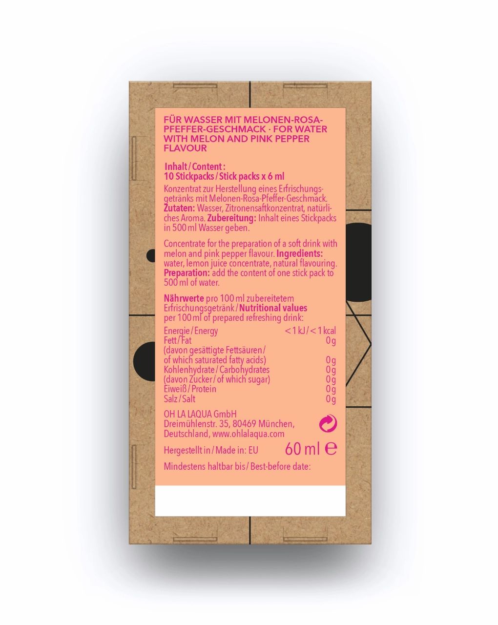 Rückseite der Kartonverpackung. Text in Deutsch und Englisch. Enthält Nährwertangaben und Inhaltsstoffe. Rosa Akzent.