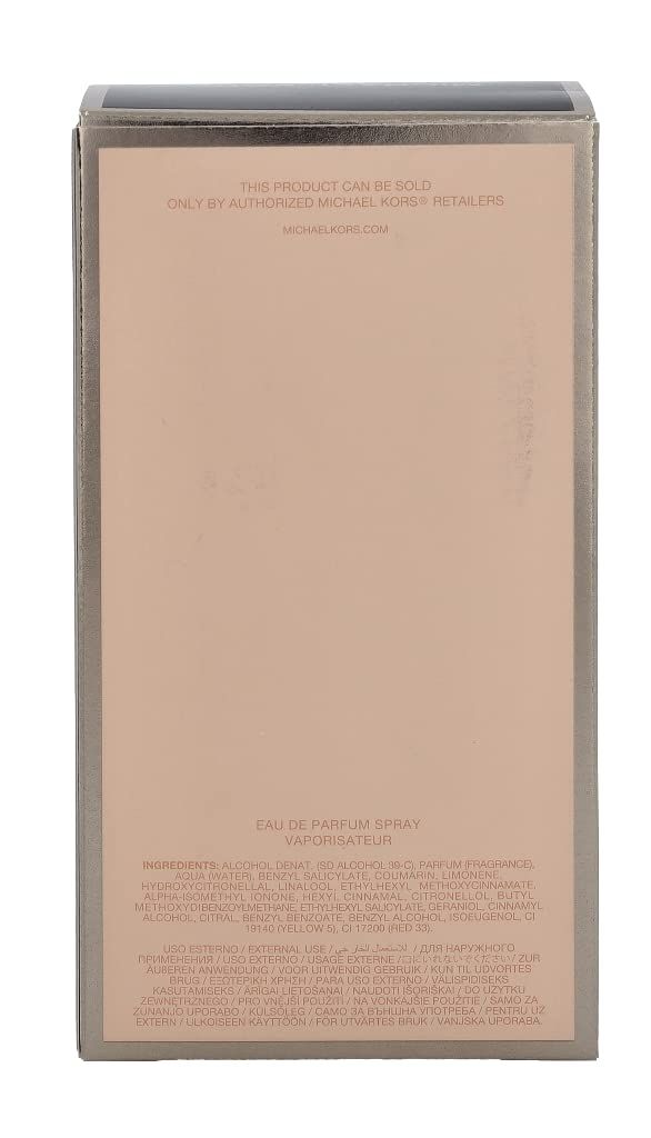 Karton für Eau de Parfum Spray. Beige mit Text und Inhaltsstoffen. Nur von autorisierten Michael Kors Händlern.
