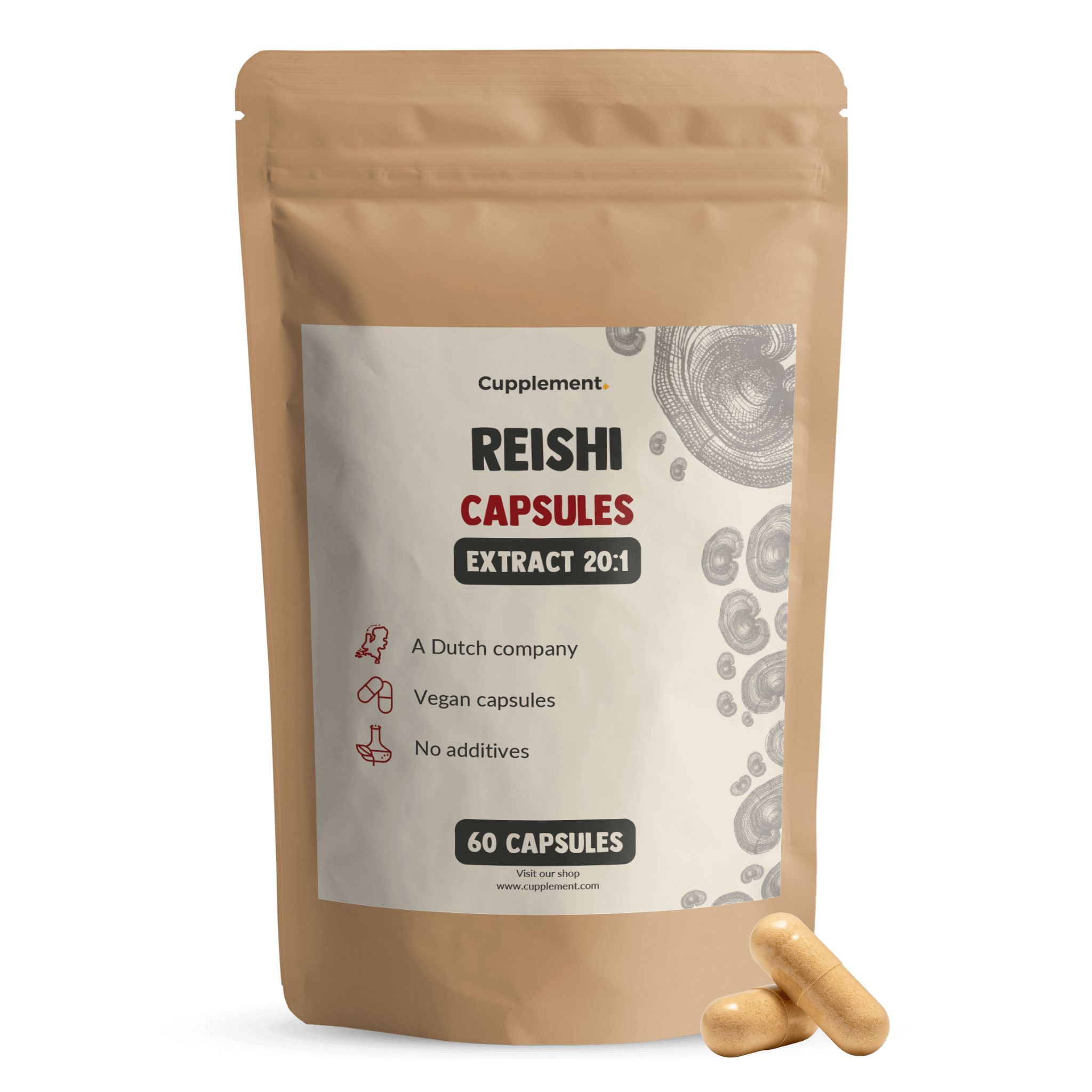 Braune Beutelverpackung mit Etikett. Text: "Reishi Capsules Extract 20:1". 2 Kapseln liegen daneben.