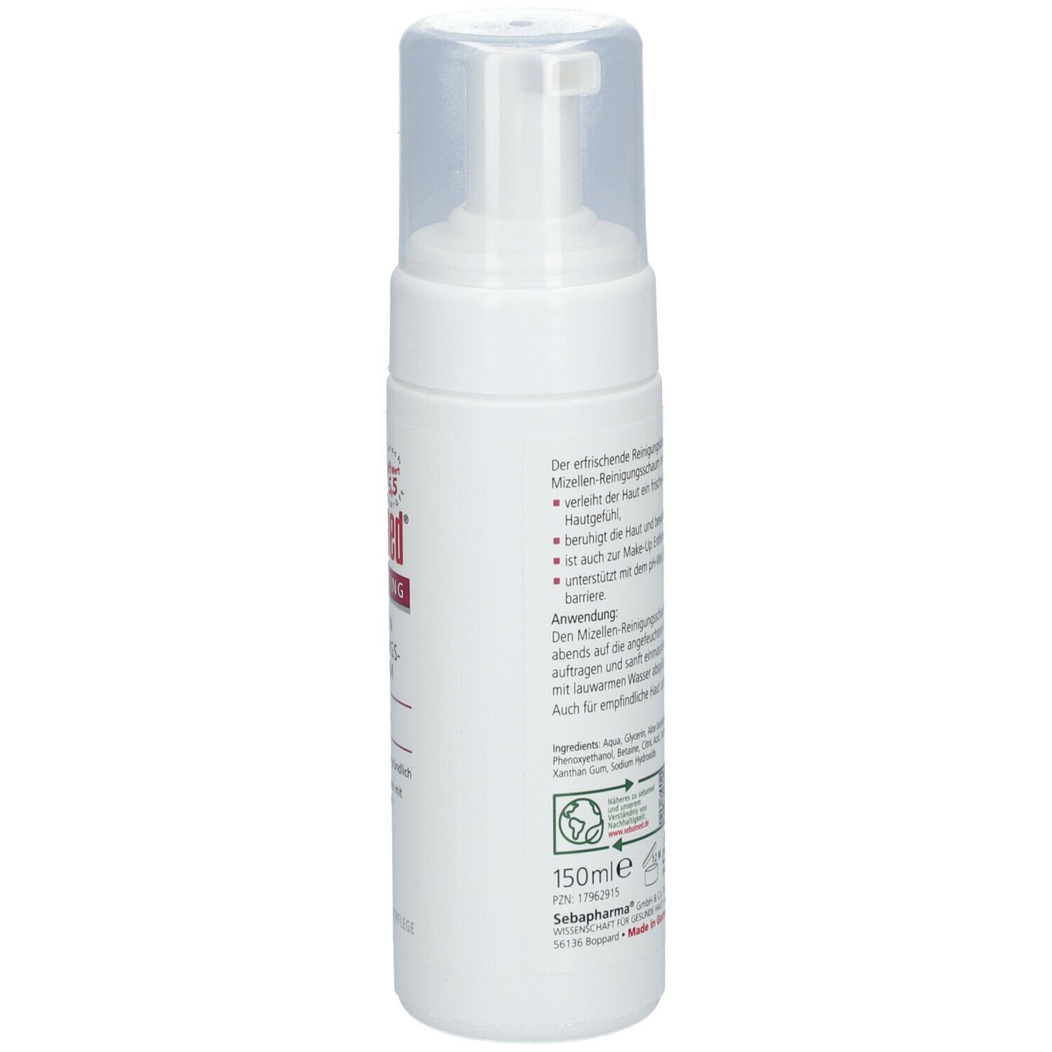 Weiße Flasche mit Sprühkopf. Aufschrift: sebamed ANTI-AGEING. Text und 150ml. Umweltzeichen.