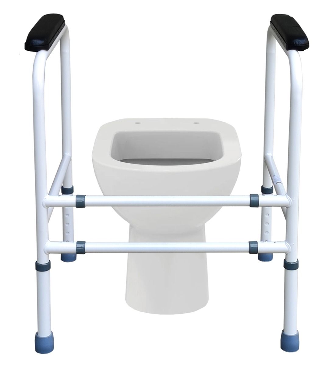 Toilettengriff mit Armlehnen, weißes Metallgestell, schwarze Armauflagen, montiert an einer Toilette.
