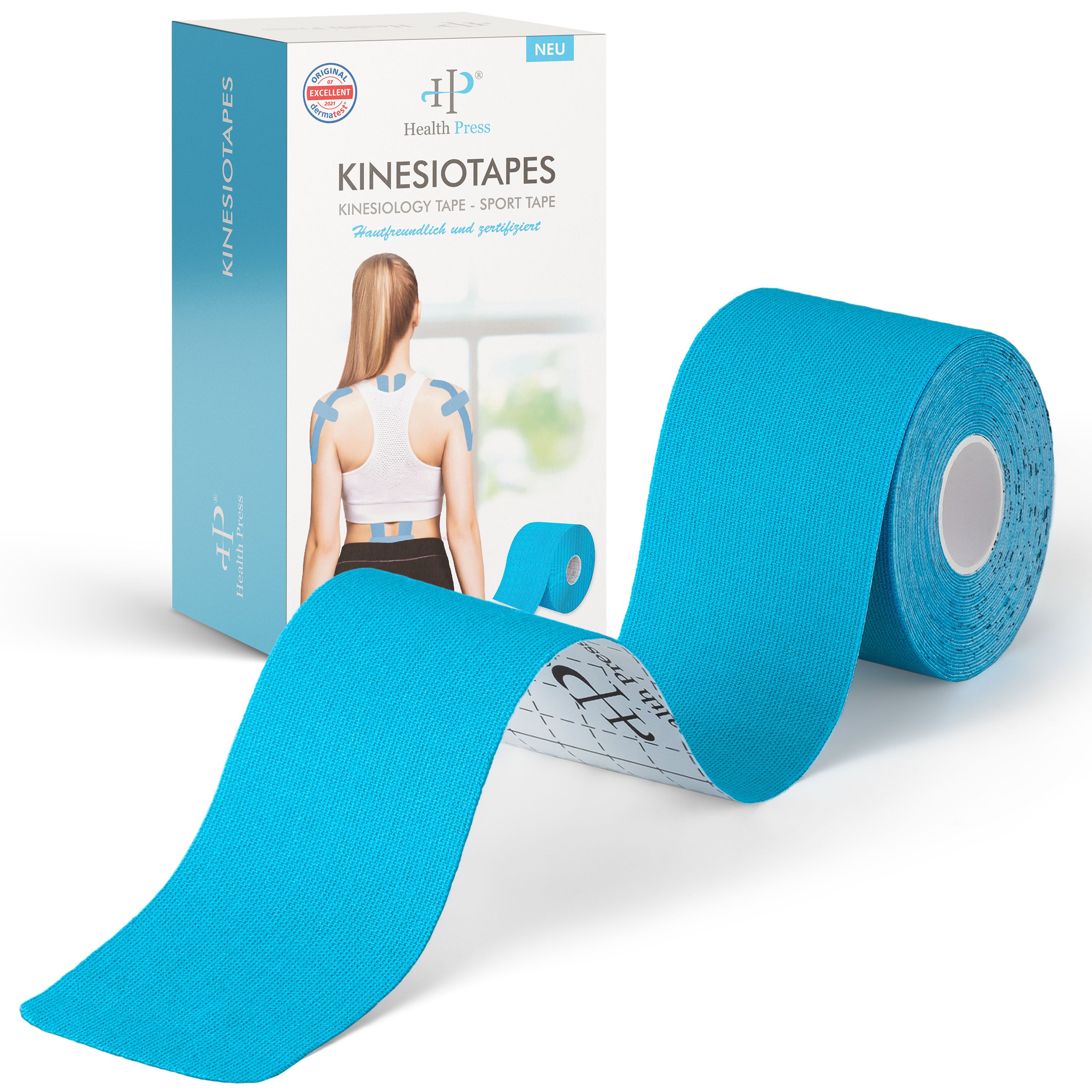 Blaues Kinesiologie-Tape auf Rolle und Verpackung. Aufdruck: Health Press, Kinesiologie Tapes. Auf der Verpackung ist eine Frau mit Tape abgebildet.