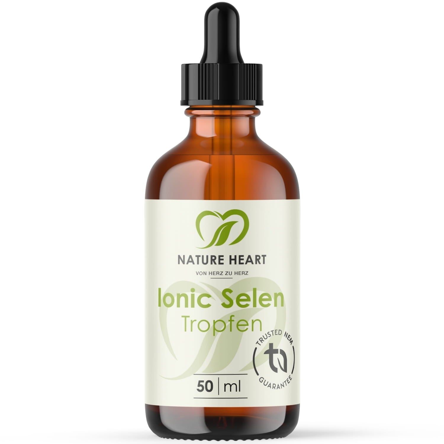 Braune Glasflasche mit Tropfer. Etikett mit "Ionic Selen Tropfen", Logo und "50 ml".