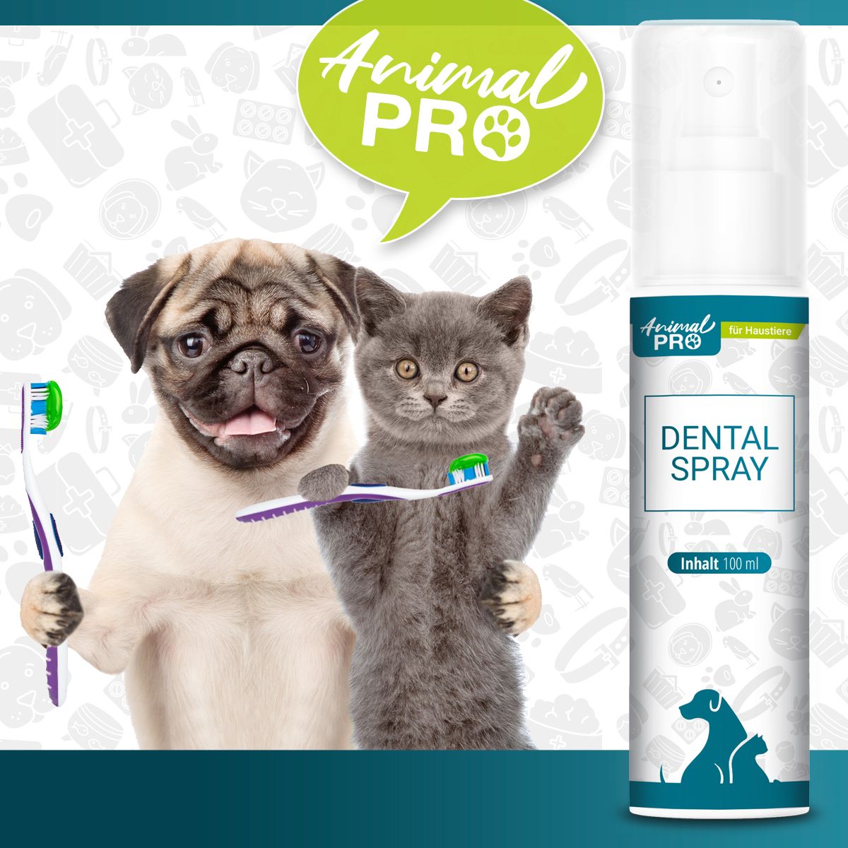 Hund und Katze mit Zahnbürsten. Rechts: Sprühflasche mit Animal Pro Logo und Dental Spray. Text: 100 ml.