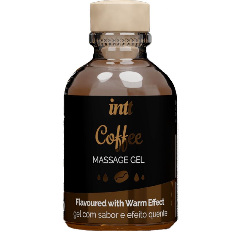 Braune Glasflasche mit schwarzem Etikett. Aufschrift: intt Coffee Massage Gel. Mit warmem Effekt.