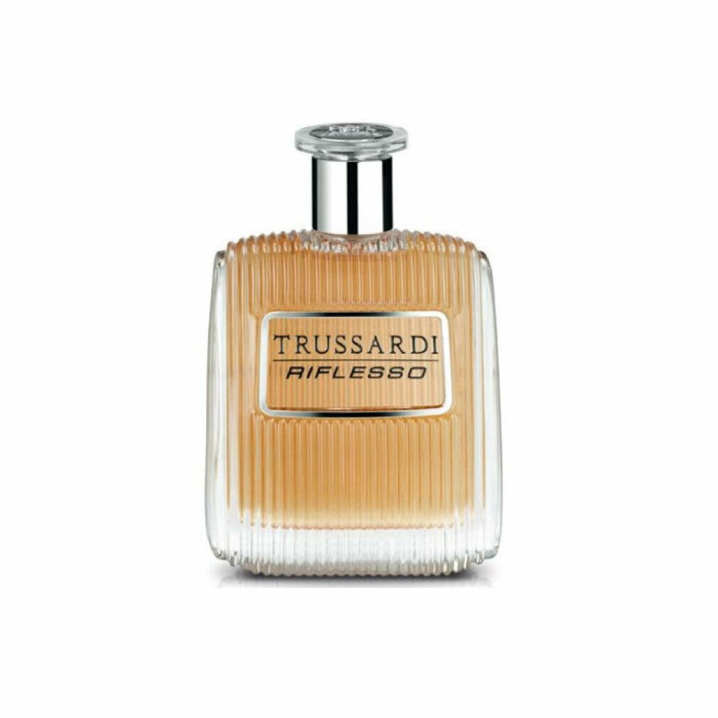 Trussardi Riflesso Eau de Toilette Flakon. Rechteckige Form, geriffeltes Glas, silberner Verschluss. Aufschrift 'Riflesso'.