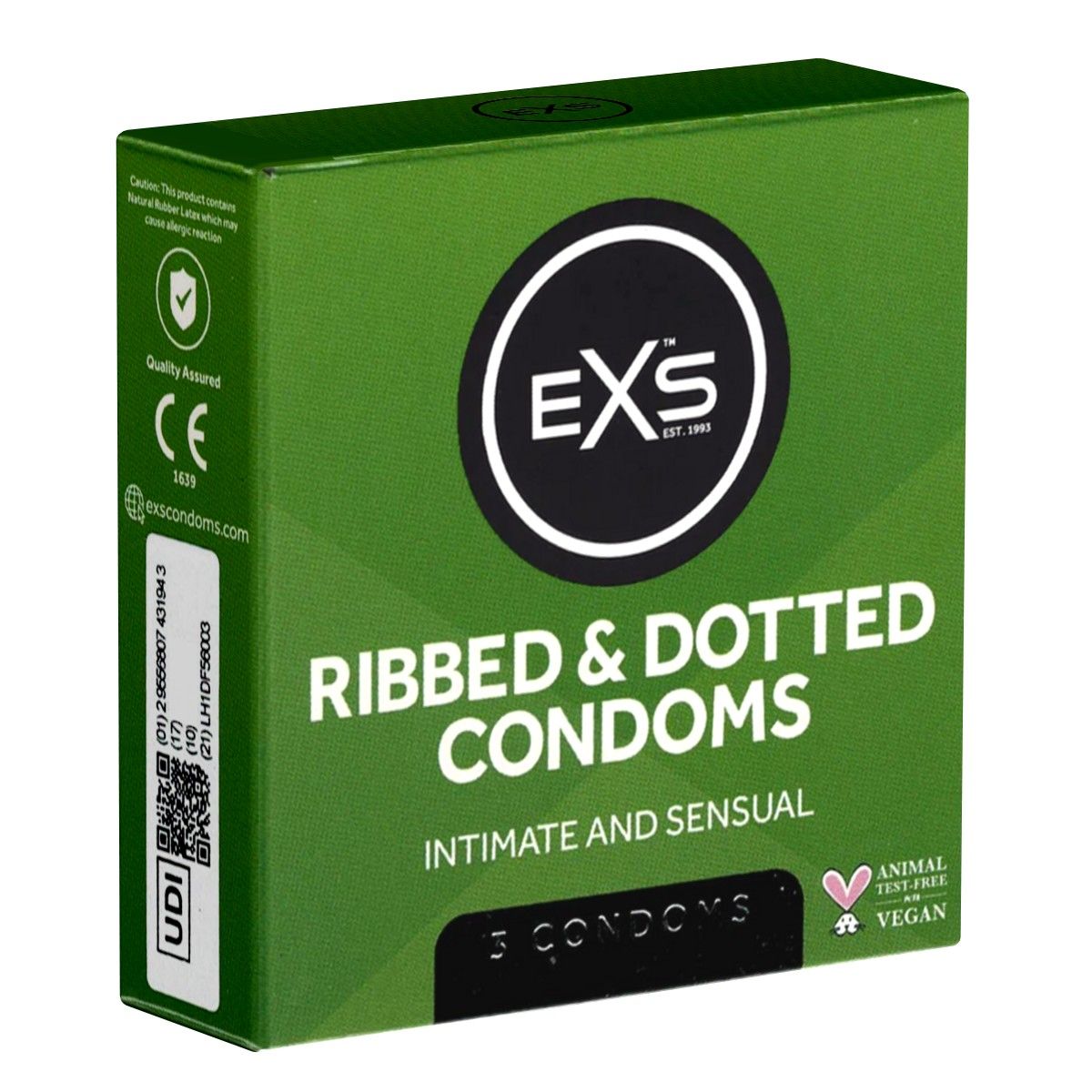 Grüne Schachtel mit EXS-Logo und Aufschrift "Ribbed & Dotted Condoms". Enthält 3 Kondome. Vegan-Siegel.