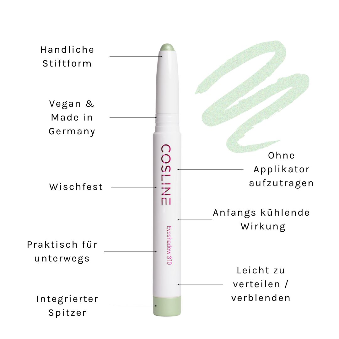 Weißer Stift-Lidschatten mit grüner Spitze. Text: Cosline, Eyeshadow 310. Mit Illustrationen und Text.