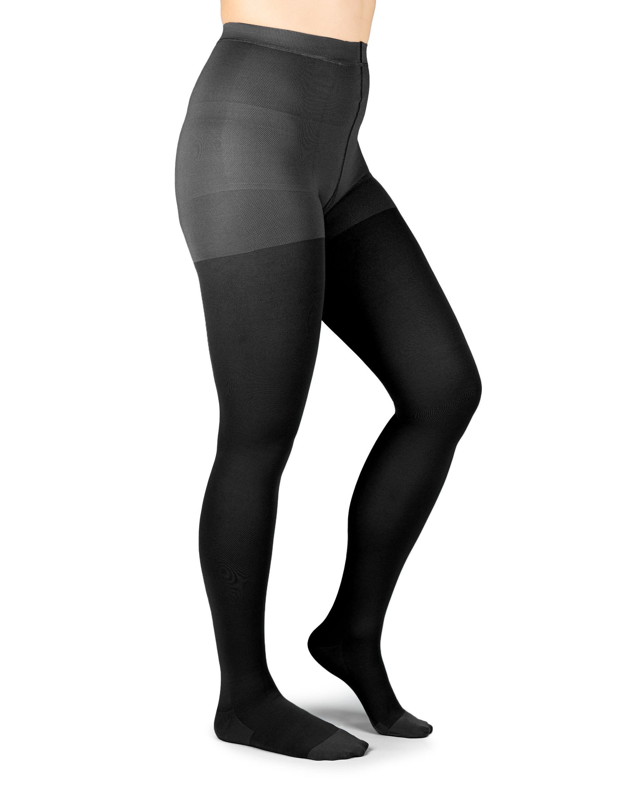 Schwarze Kompressionsstrumpfhose. Seitliche Ansicht. Unterschiedliche Kompressionszonen. Knielang.