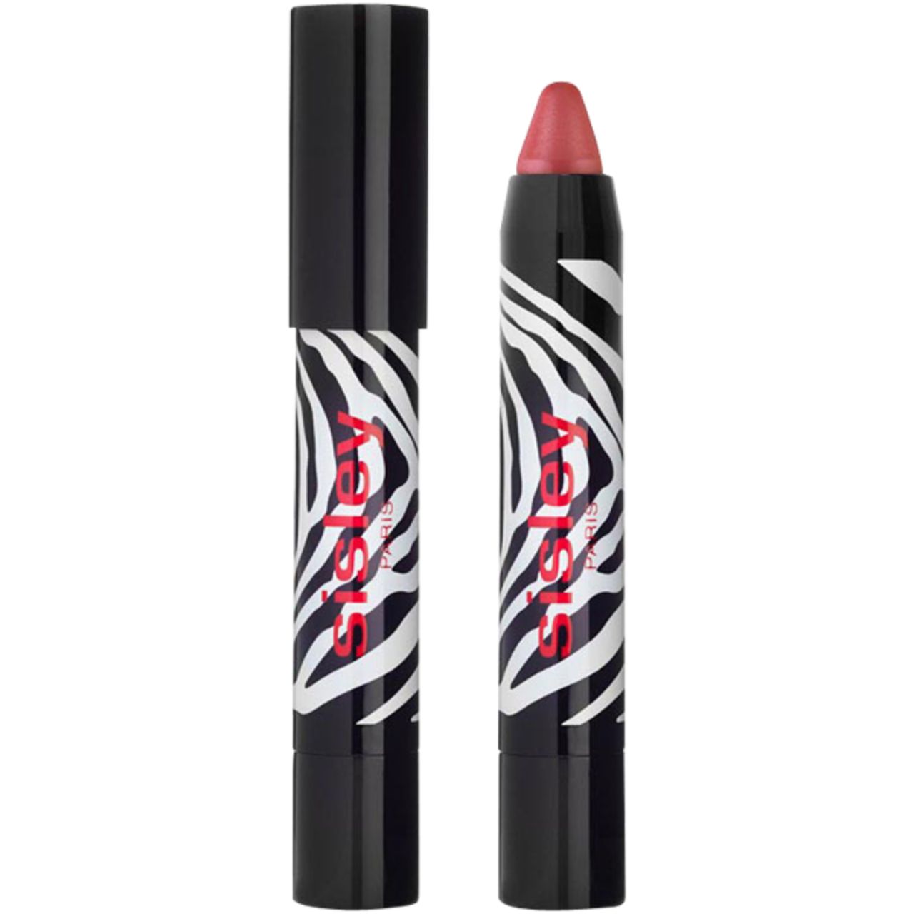 Lippenstift-Stift mit schwarzem Deckel. Zebra-Muster und roter Schriftzug Sisley Paris. Spitze in Rosé-Farbe.