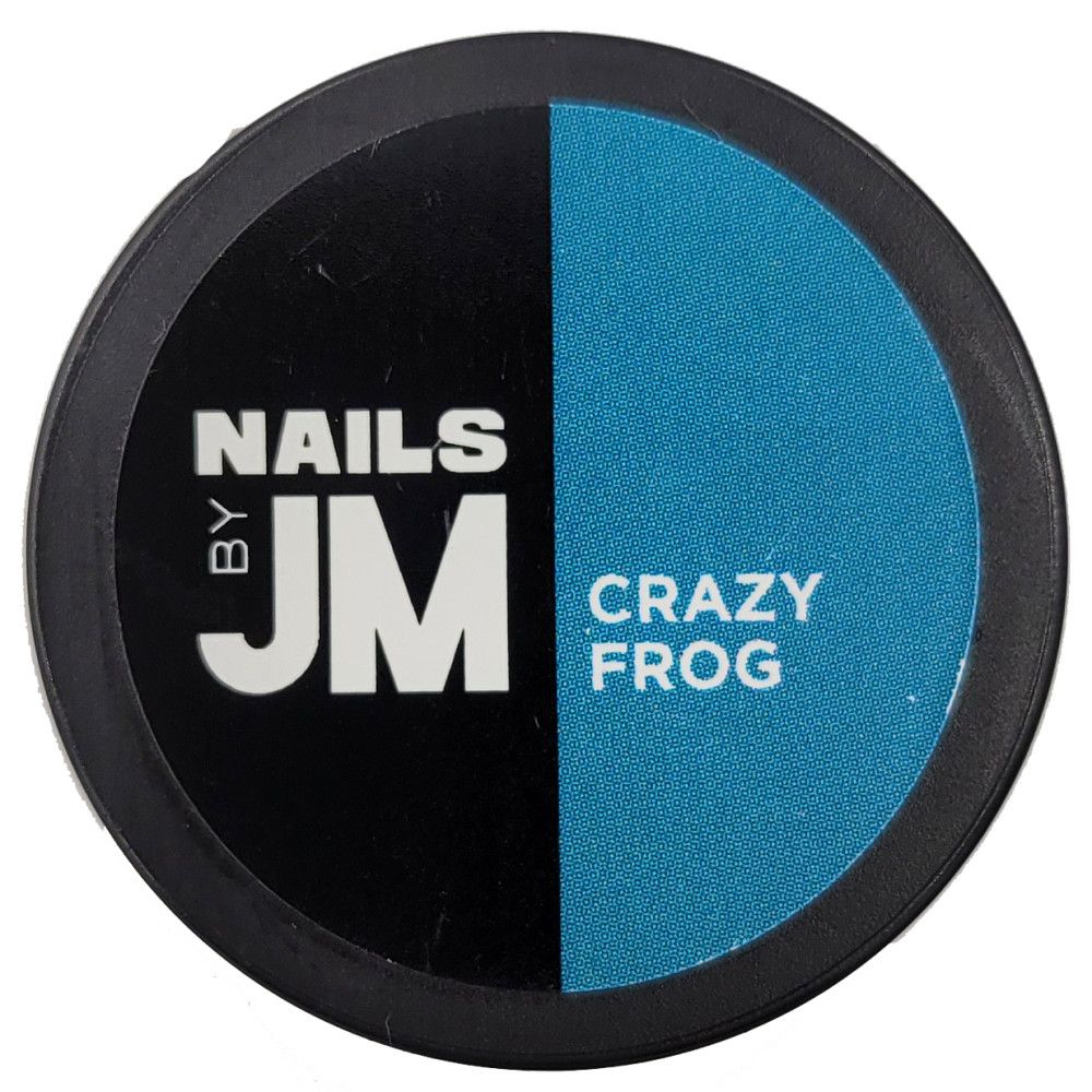 Runder Behälter, geteilt in Schwarz und Blau. Auf Schwarz steht "NAILS BY JM". Auf Blau steht "CRAZY FROG".