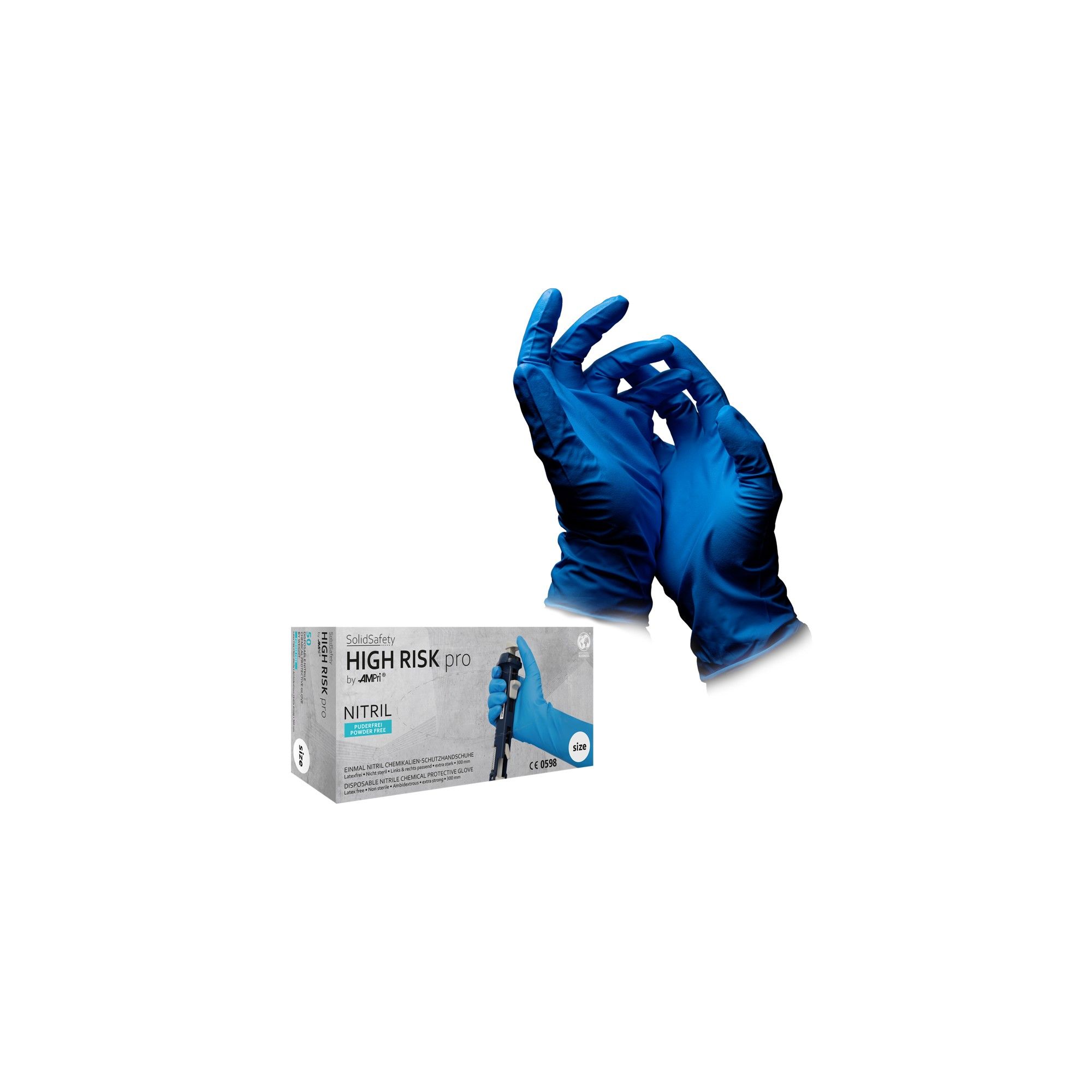 Verpackung und ein Paar blaue Nitrilhandschuhe, Modell High Risk Pro.