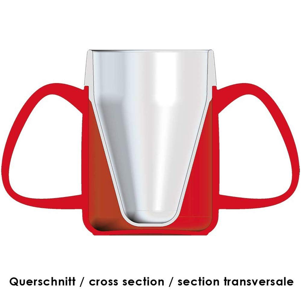 Querschnitt eines Bechers mit zwei Henkeln. Roter Becher, weißes Innenleben. Zwei Henkel.