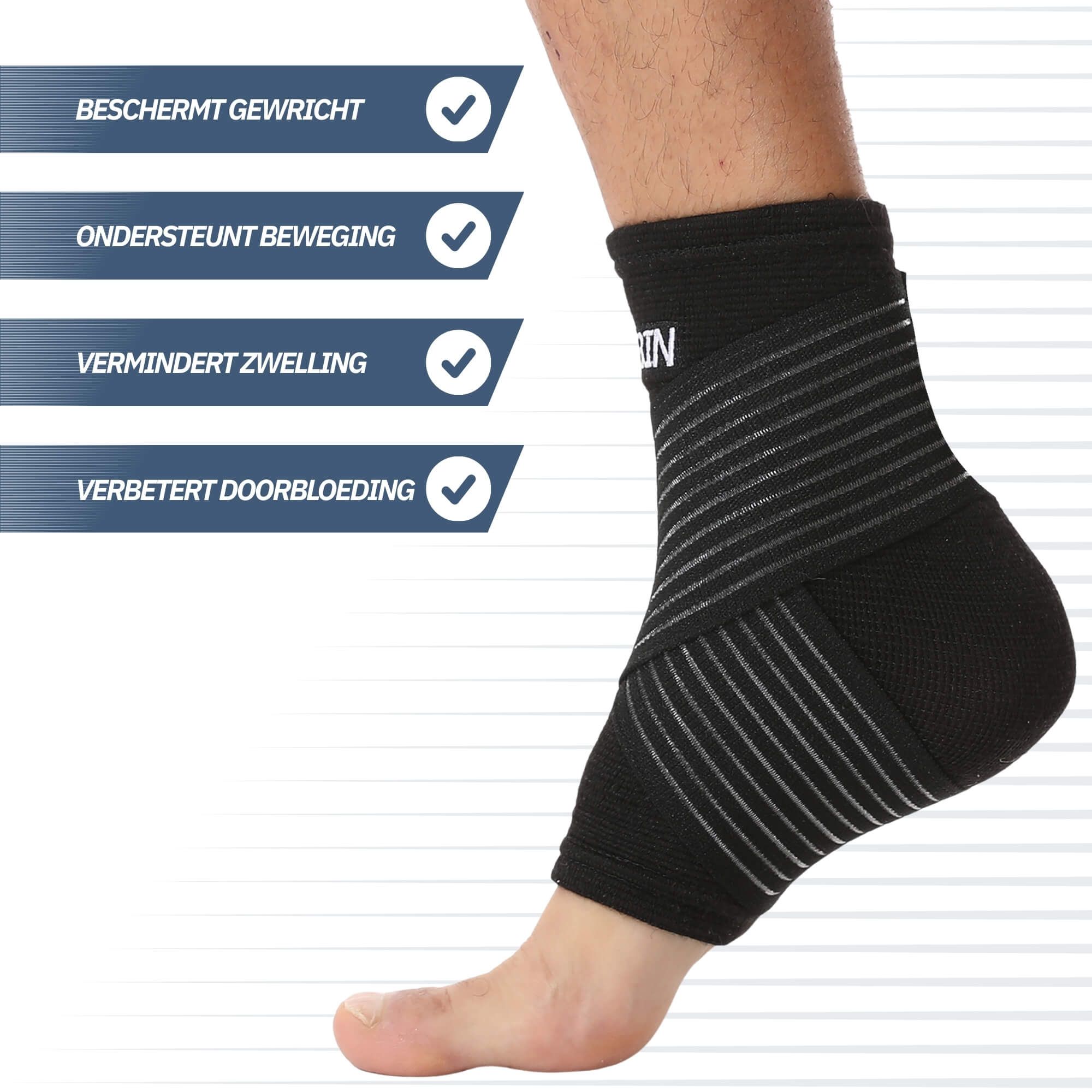 Schwarze Knöchelbandage mit Streifenmuster. Vorteile: Schutz, Unterstützung, Schwellungsreduktion, Durchblutungsförderung.