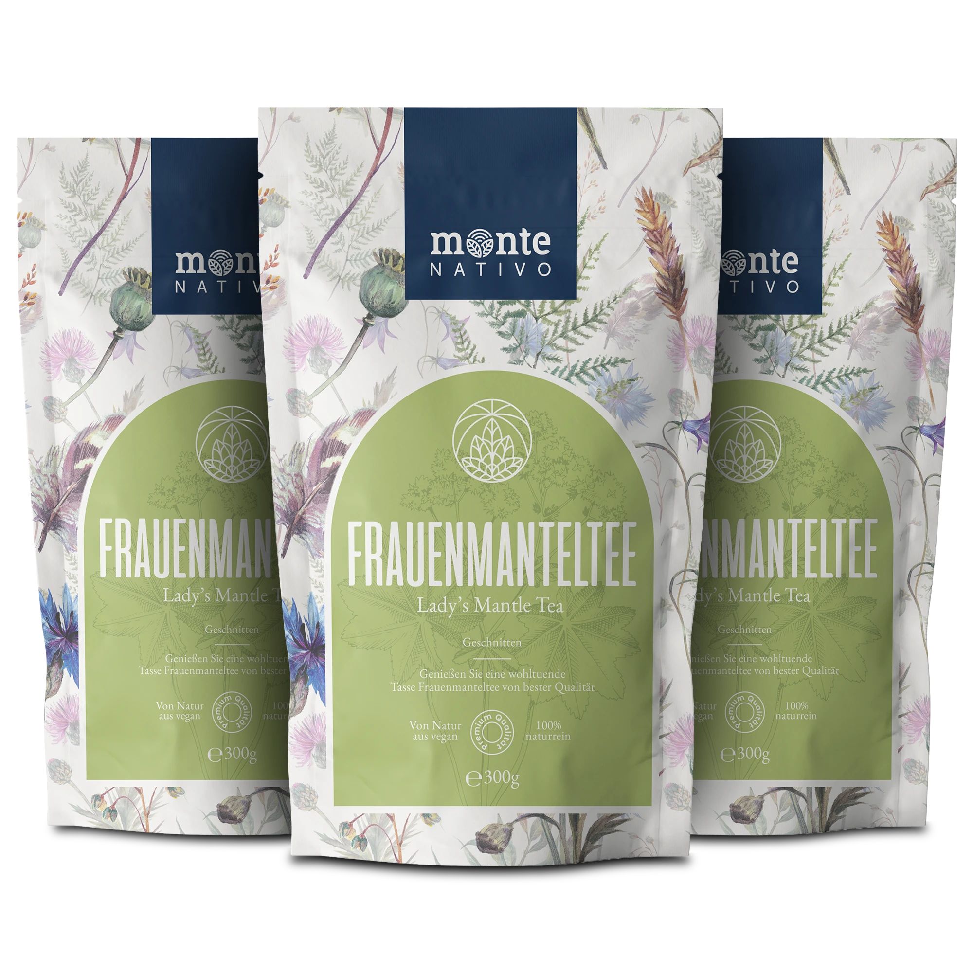 Drei Beutel Kräutertee. Aufdruck: Monte Nativo, Frauenmanteltee, Lady's Mantle Tea. Floralmuster. Grün-weiße Verpackung.
