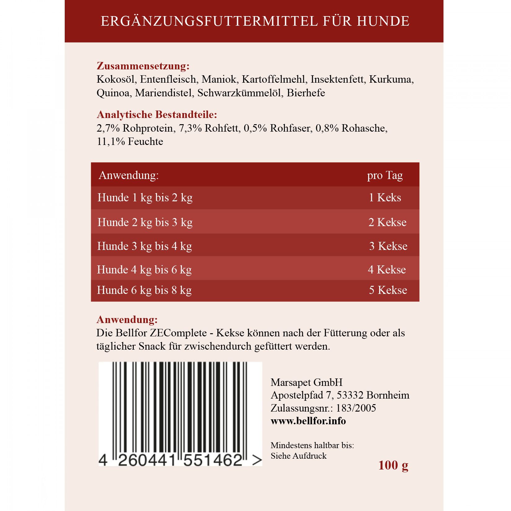 Produktverpackung mit Informationen. Zutaten, Analyse, Anwendung, Herstelleradresse, Barcode und Mindesthaltbarkeitsdatum.