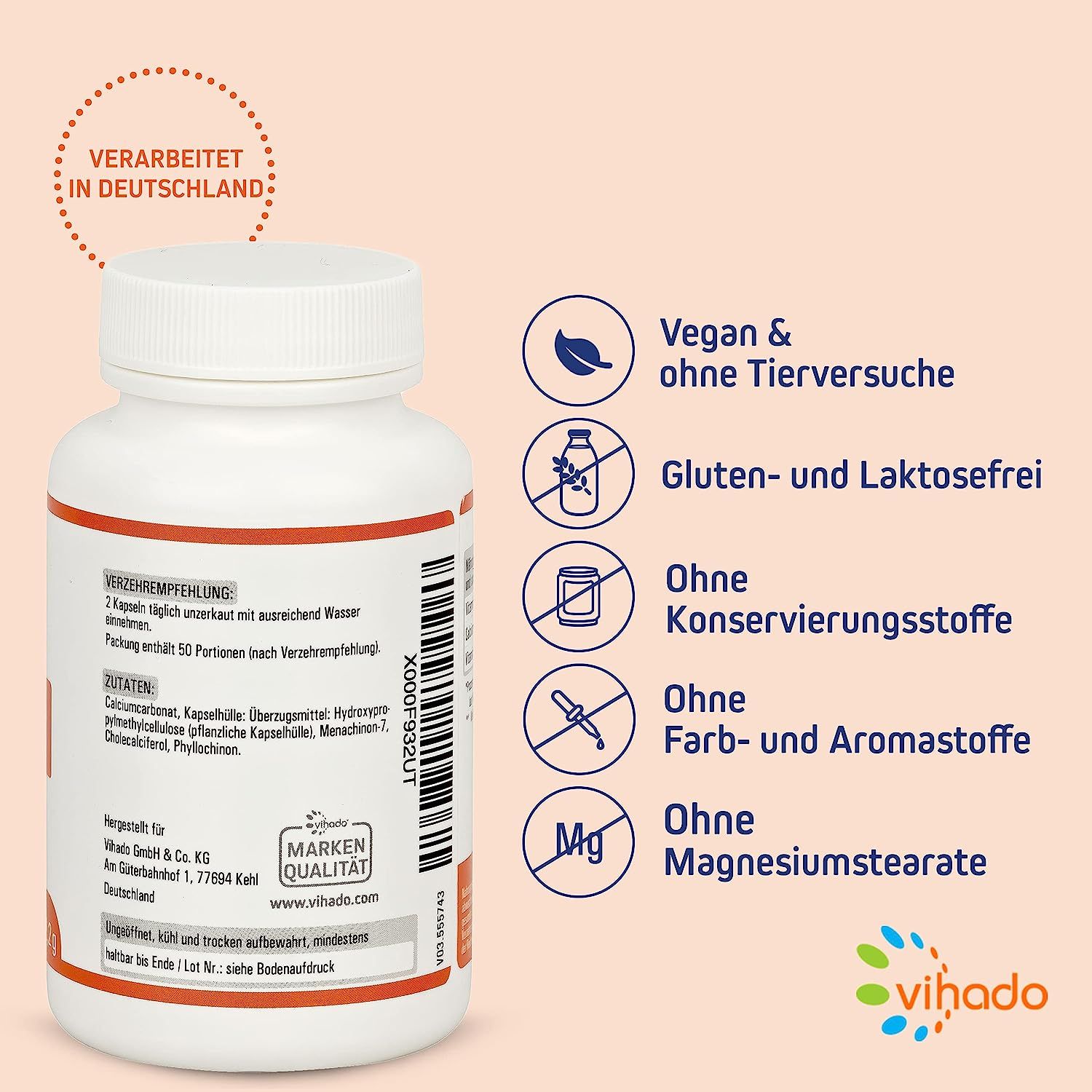 Weiße Flasche mit Vihado-Etikett. Enthält Vitamin K Komplex. Aufschrift: Vegan, glutenfrei, ohne Konservierungsstoffe, Farb- und Aromastoffe, Magnesiumstearat.