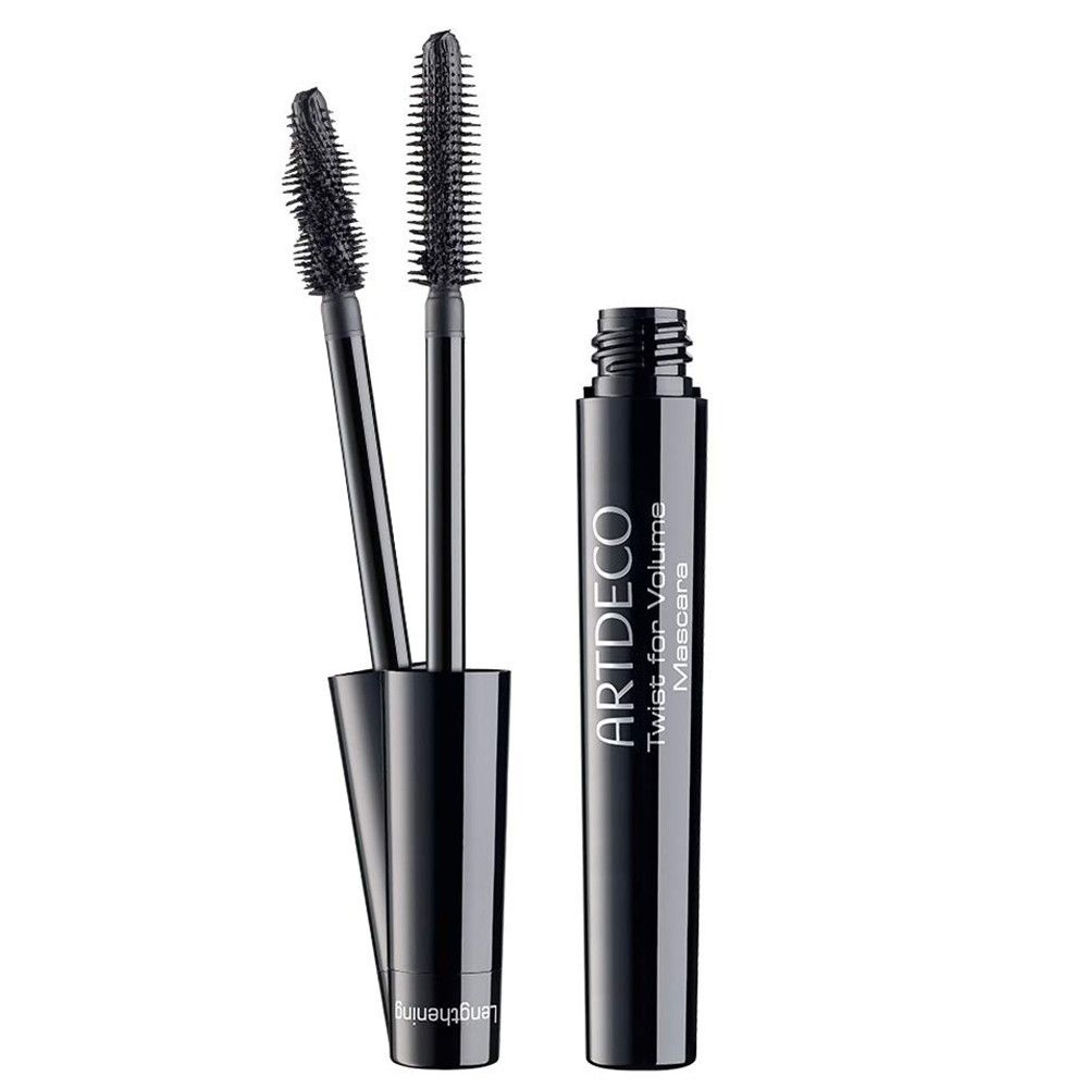 Artdeco Twist for Volume Mascara. Schwarze Mascara-Tube mit zwei Bürsten. Aufschrift: ARTDECO, Twist for Volume Mascara.