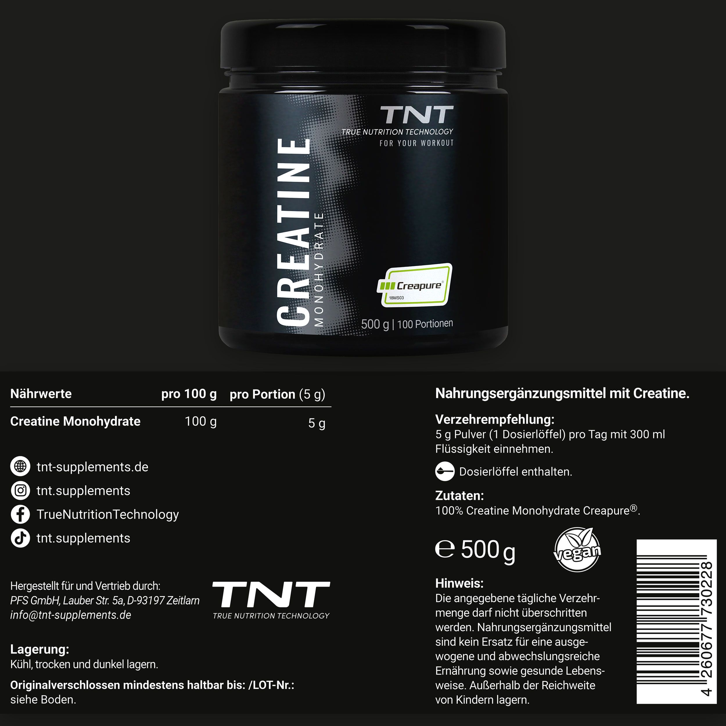 Nährwerttabelle und Informationen zu TNT Creatine Monohydrate Creapure®. Dose mit 500g. Text: Nahrungsergänzungsmittel mit Creatine.